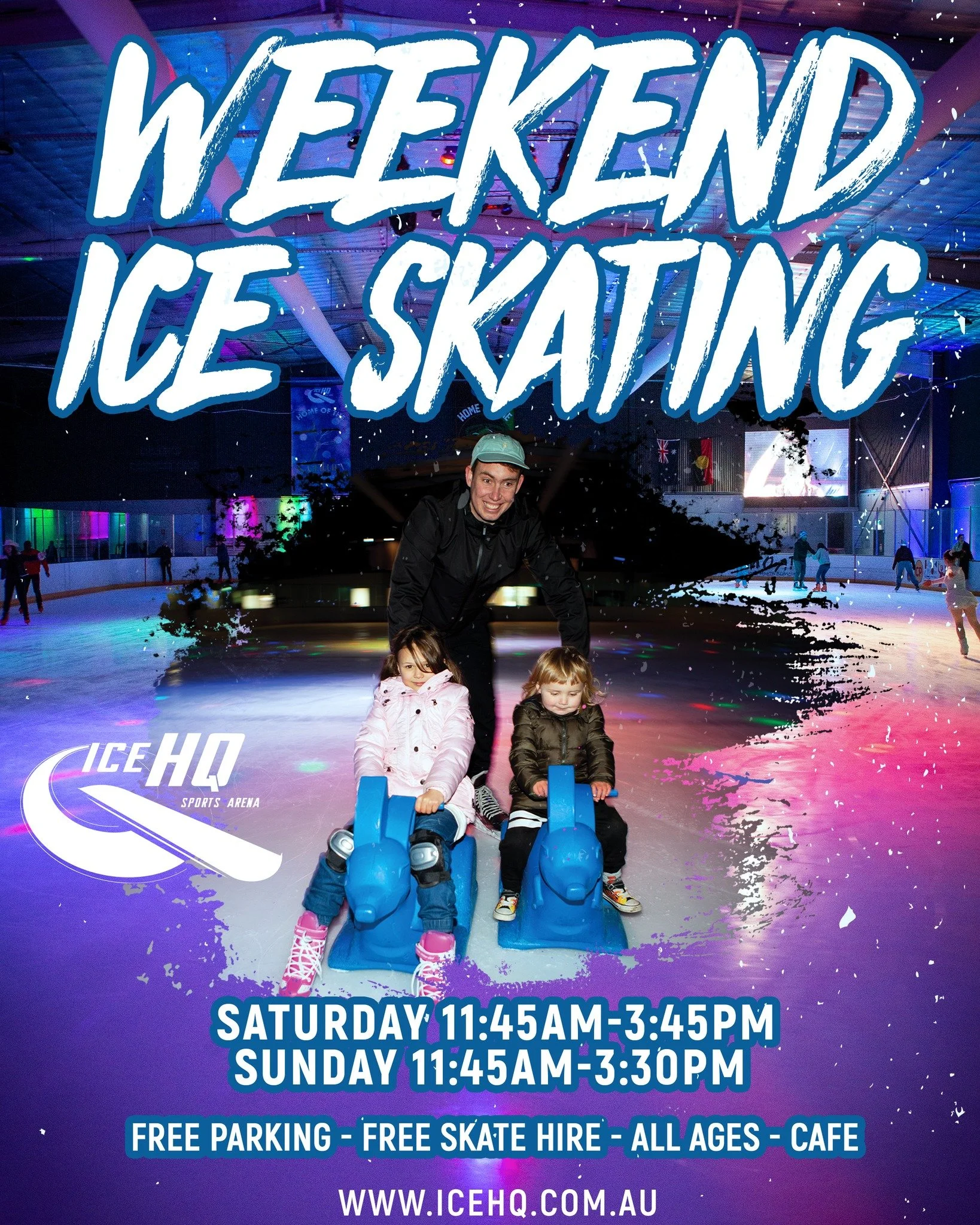 Weekend ice skating at iceHQ ⛸️🤗
Saturday 11:45am-3:45pm
Sunday 11:45am-3:30pm

Get out of the house and keep the kids active, no matter the weather, at iceHQ 😎
FREE Skate Hire ⛸️
FREE Parking 🅿️

If you don&rsquo;t feel like skating, head to the 