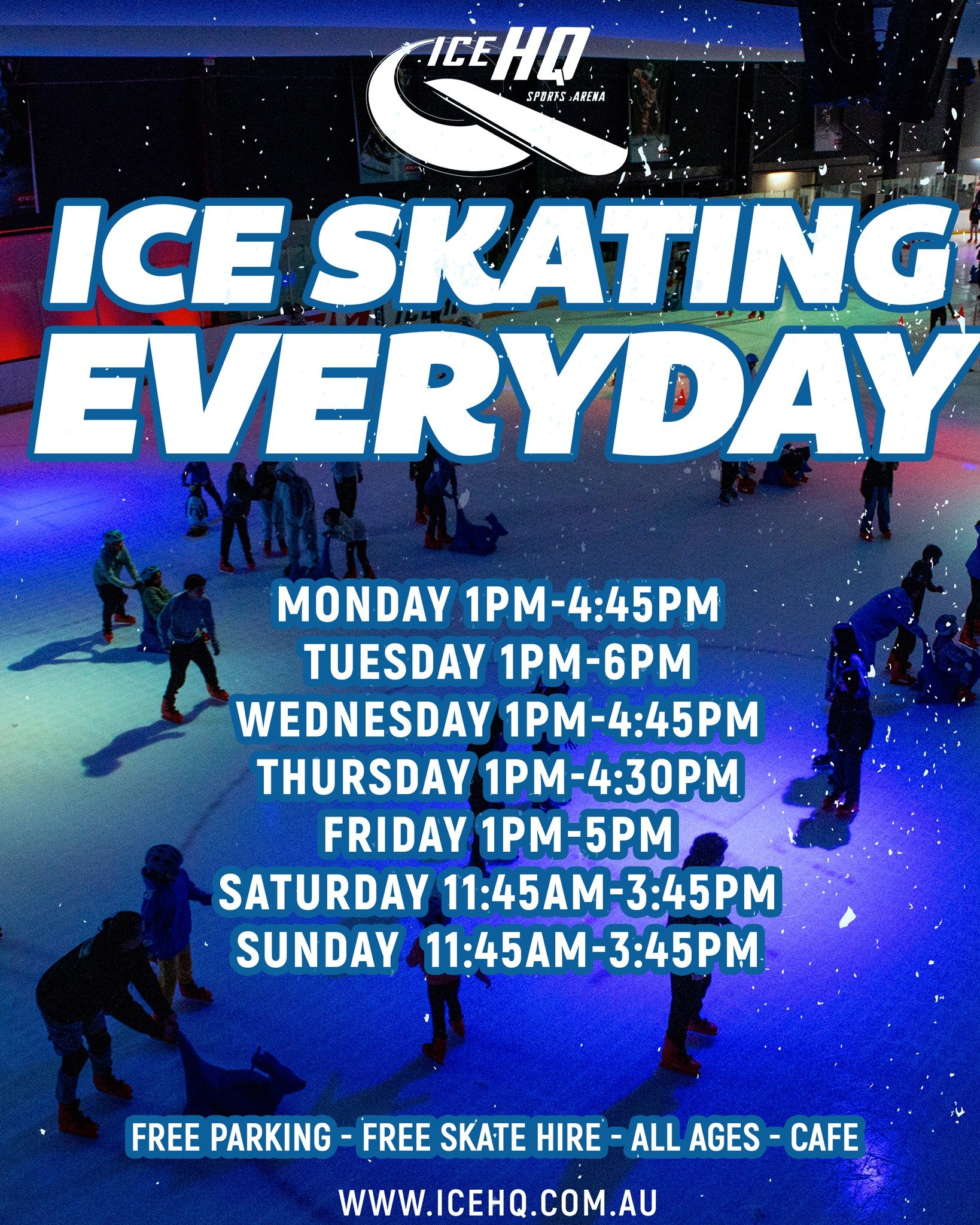 Ice Skating everyday at iceHQ! ⛸️🤗

Get out of the house and keep the kids active, no matter the weather, at iceHQ 😎
FREE Skate Hire ⛸️
FREE Parking 🅿️

If you don&rsquo;t feel like skating, head to the warm and cozy upstairs lounge ☕️ with a hot 