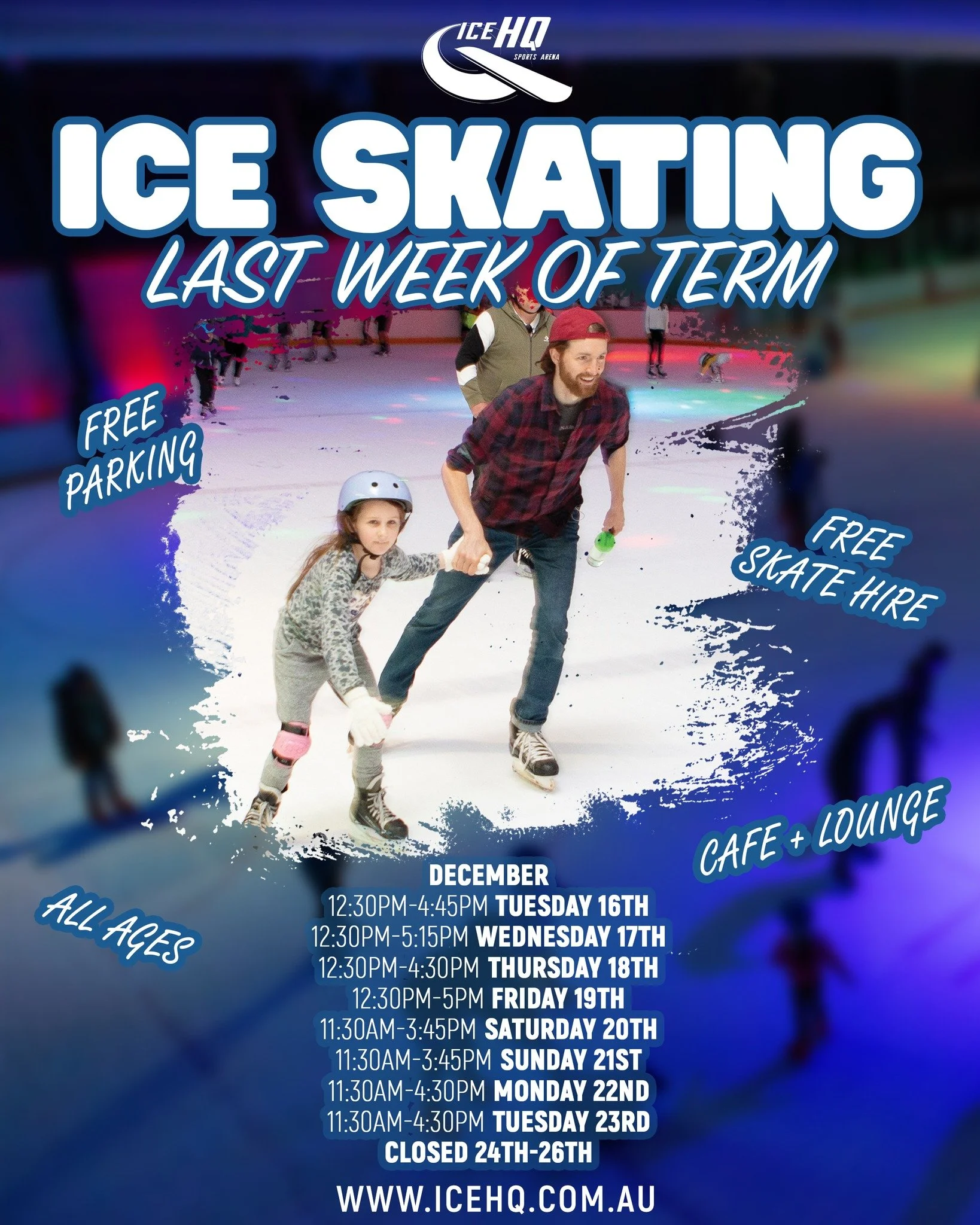 It's the last week of term at iceHQ and we're ice skating up to the 23rd of December ⛸️🌲

We've got extended session times for those lucky enough to have finished up the school year 🌞
Get out of the house and keep the kids active, no matter the wea