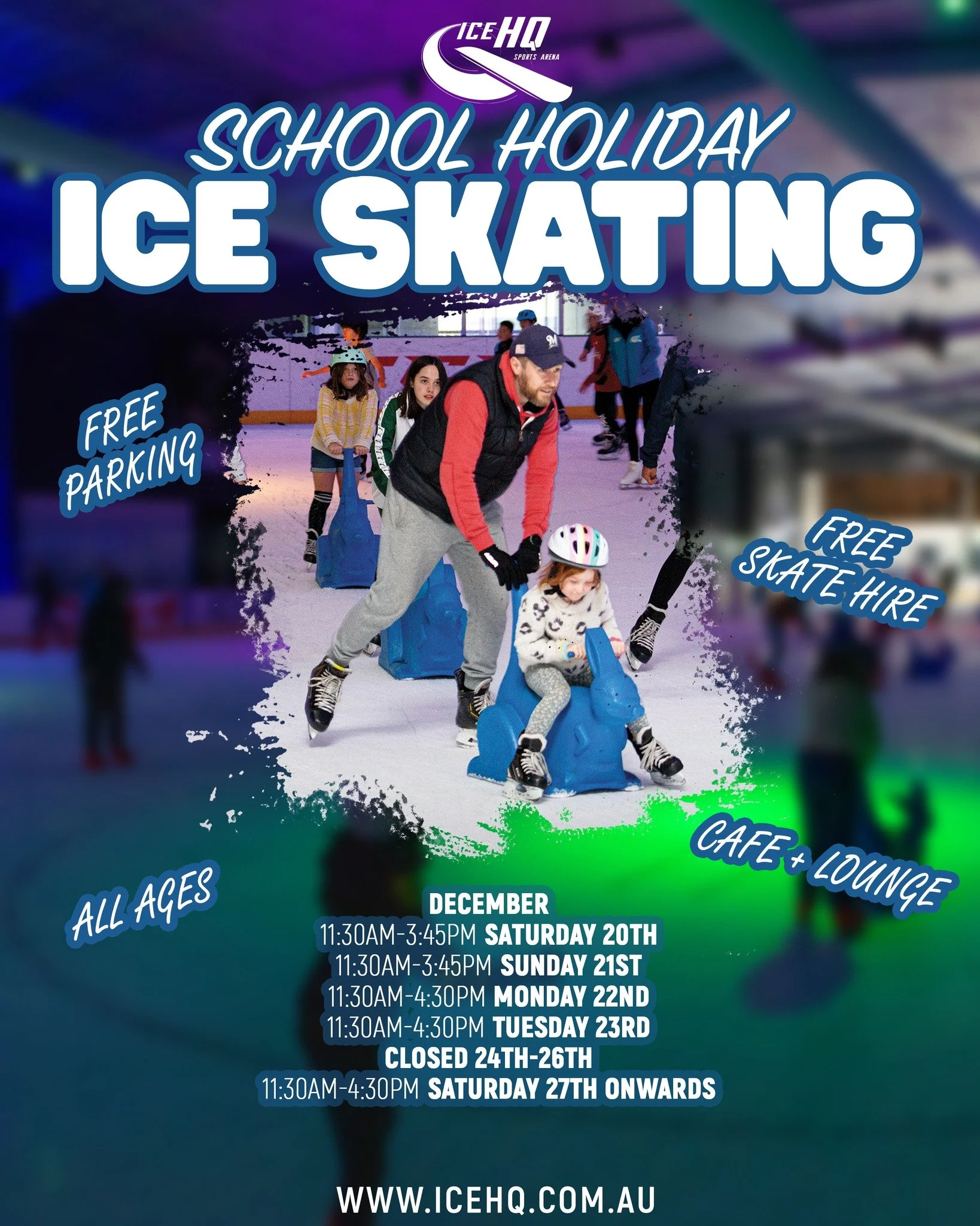 The School Holidays are here 🤗
⛸️ We've got 4 more days of ice skating before our Christmas break 🎄

Get out of the house and keep the kids active, no matter the weather, at iceHQ 😎

FREE Skate Hire ⛸️
FREE Parking 🅿️
Upstairs lounge ☕️
Cafe 🍰🍪