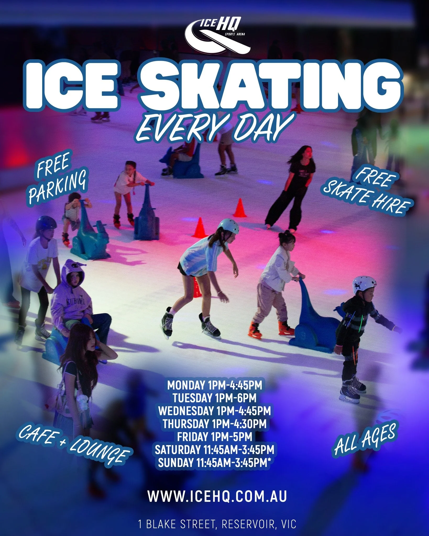 Ice skating every day at Melbourne's newest ice rink ⛸️✨❄️ 
Our Term 1 public ice skating times are:

Monday 1pm-4:45pm
Tuesday 1pm-6pm
Wednesday 1pm-4:45pm
Thursday 1pm-4:30pm
Friday 1pm-5pm
Saturday 11:45am-3:45pm
Sunday 11:45am-3:45pm*

Glide into