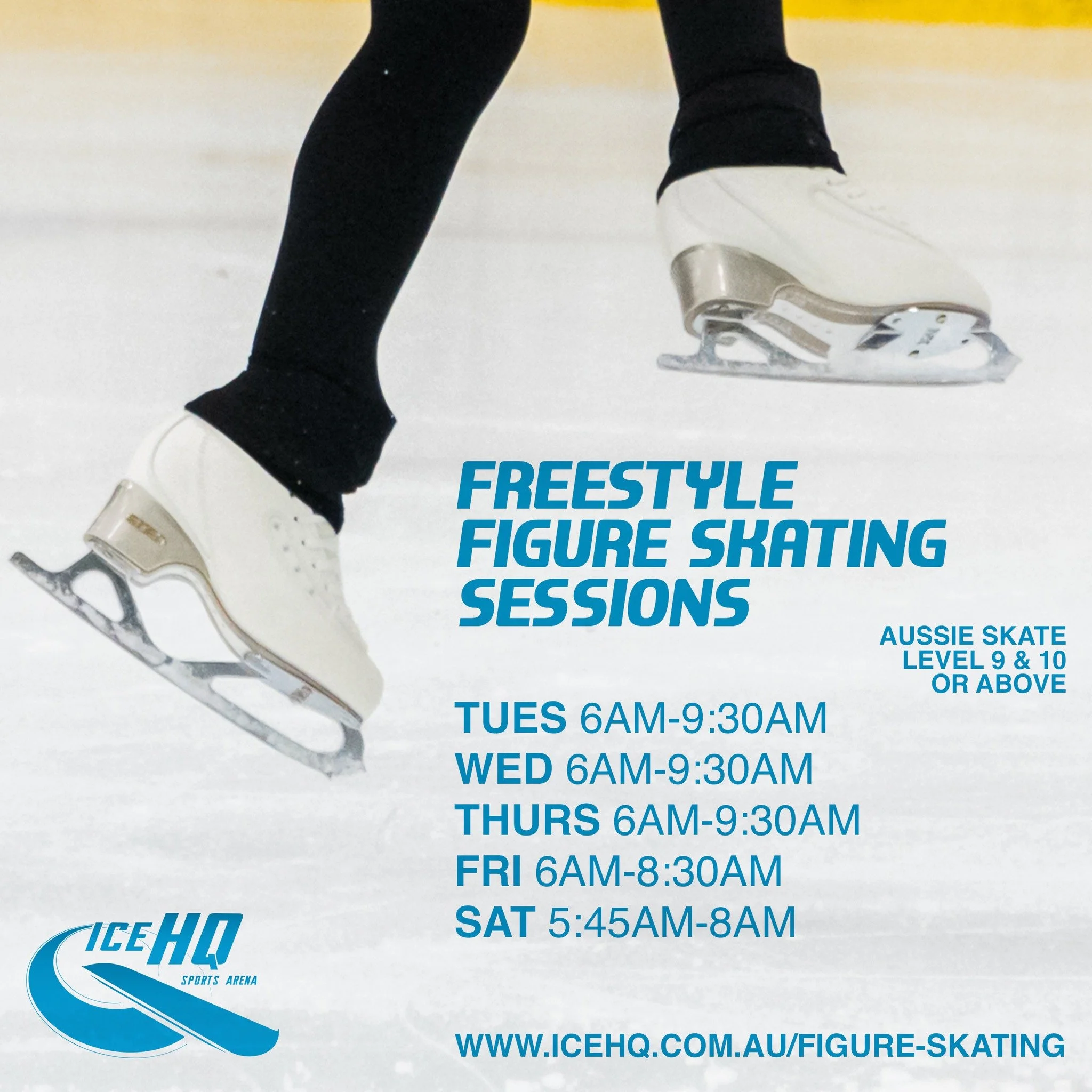 Figure skating sessions at iceHQ ⛸️ 

Practice on fresh ice with our dedicated sessions for private coaching &amp; figure skating practice. You must be of Aussie Skate Level 9 &amp; 10 or above to attend these sessions.

Tuesday 6am-9:30am
Wednesday 