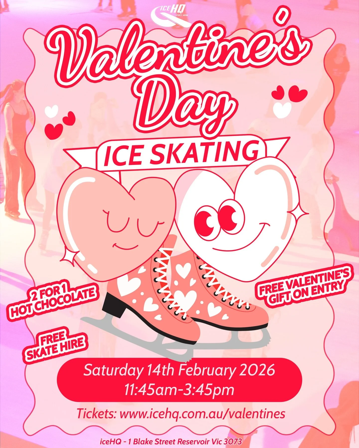 ❤️⛸️ Valentine&rsquo;s Day ice Skating ❤️⛸️
Invite that special someone for an ice skating date this Saturday 14th February 11:45am-3:45pm at iceHQ 🥰

❤️ Free valentines gift (online bookings only)
❤️ Valentine&rsquo;s theme lighting 
❤️ Valentine&r