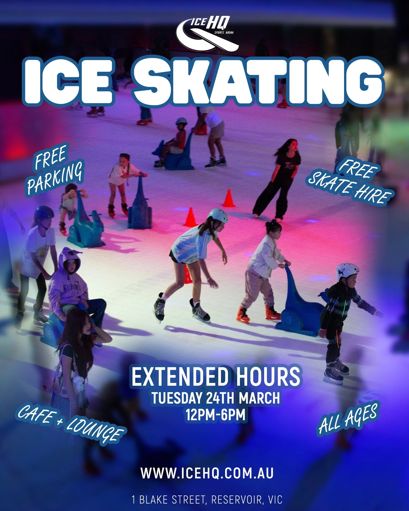Tuesday we've got extended public ice skating hours at Melbourne's newest ice rink ⛸️✨❄️ 

Tuesday 24th March 12pm-6pm

Glide into the coolest place in town - iceHQ! Promising an unforgettable ice skating experience for all ages ⛸️✨❄️

Whether you're