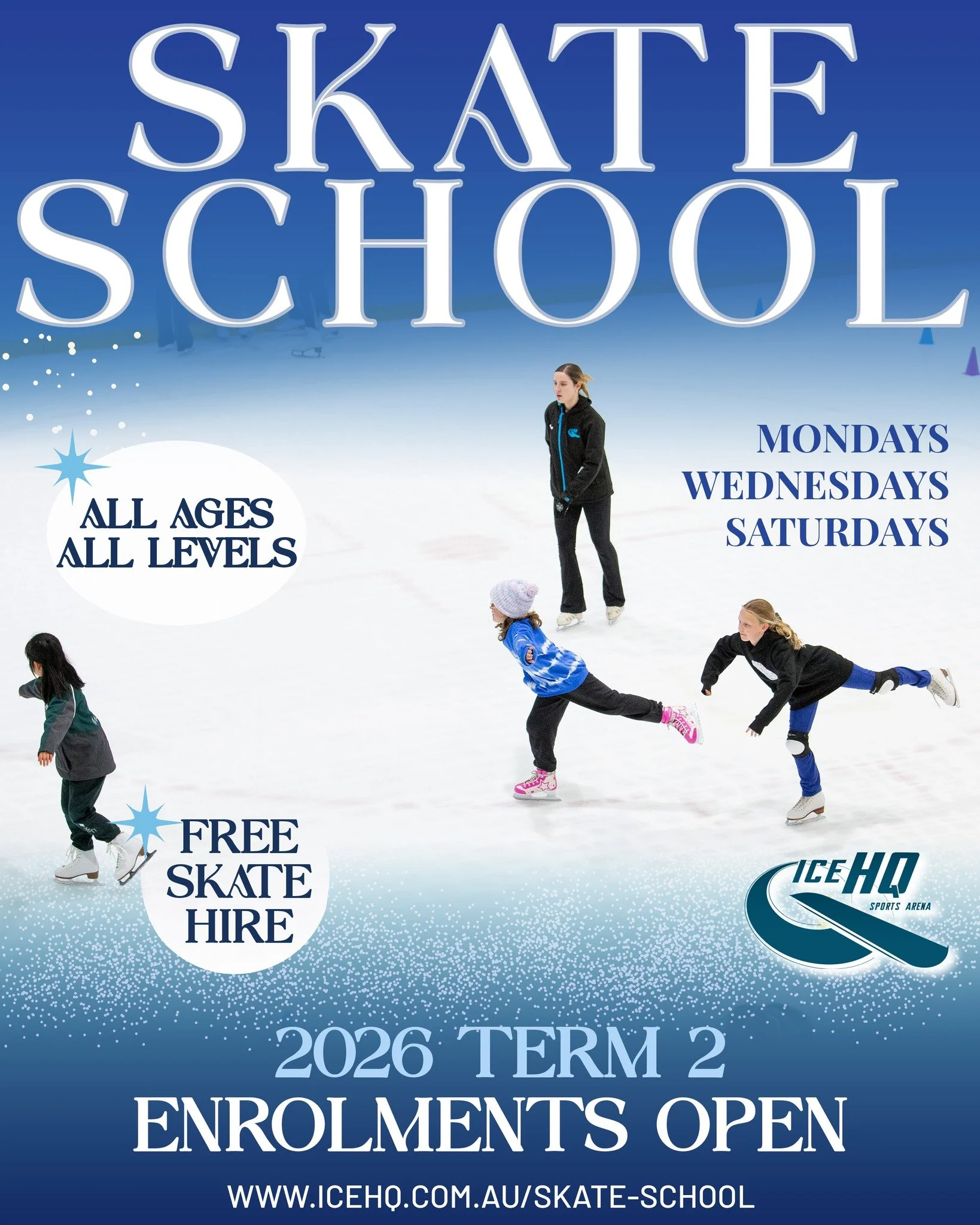 Skate School enrolments are now open for Term 2 at iceHQ ⛸️🥰
Enrol now for early bird pricing and to put in your lesson time request.

Whether you&rsquo;re dreaming of becoming a figure skater, aiming to play ice hockey, or just want to feel more co