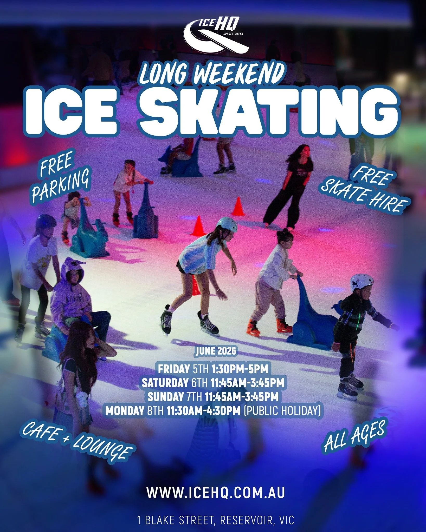 Long weekend ice skating at iceHQ ⛸️✨❄️ 

Friday 5th ️&middot; 1:30pm-5pm
Saturday 6th &middot; 11:45am-3:45pm
Sunday 7th &middot; 11:45am-3:45pm
Monday 8th &middot; 11:30am-4:30pm Public Holiday

Glide into the coolest place in town - iceHQ! Promisi