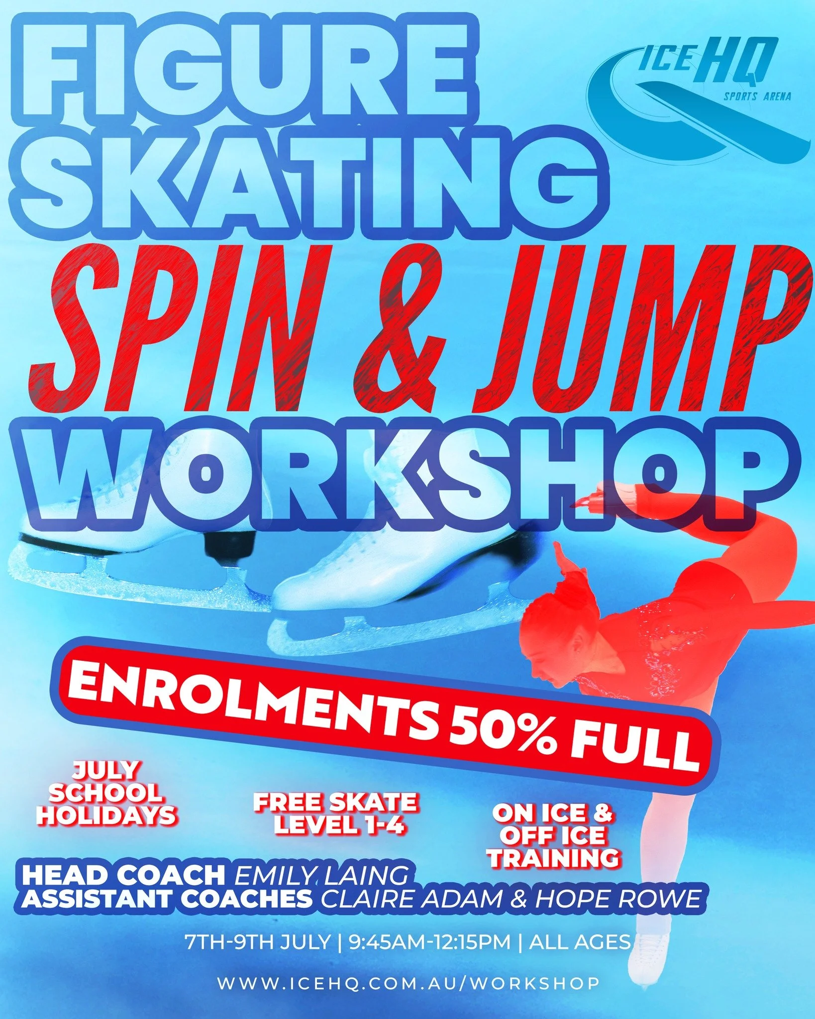 Figure skaters don't delay, we're now 50% full  for our Figure Skating Jump &amp; Spin Workshop

Running across three mornings during the school holidays, our workshop is a perfect way for high level figure skaters in Free Skate 1 and above to develo