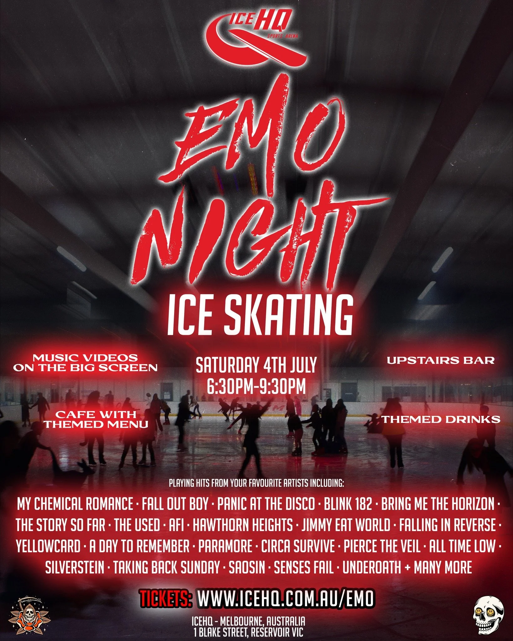 Emo Night ice skating is back at iceHQ! 🖤⛸️🥀
Saturday 4th July 6:30pm-9:30pm

Grab your eye liner and favourite emo band merch as we get ready for a night of ice skating to your favourite emo hits 🎵🥀

🖤 What to Expect: 🖤
⛸️ Free skate hire
🤘 N