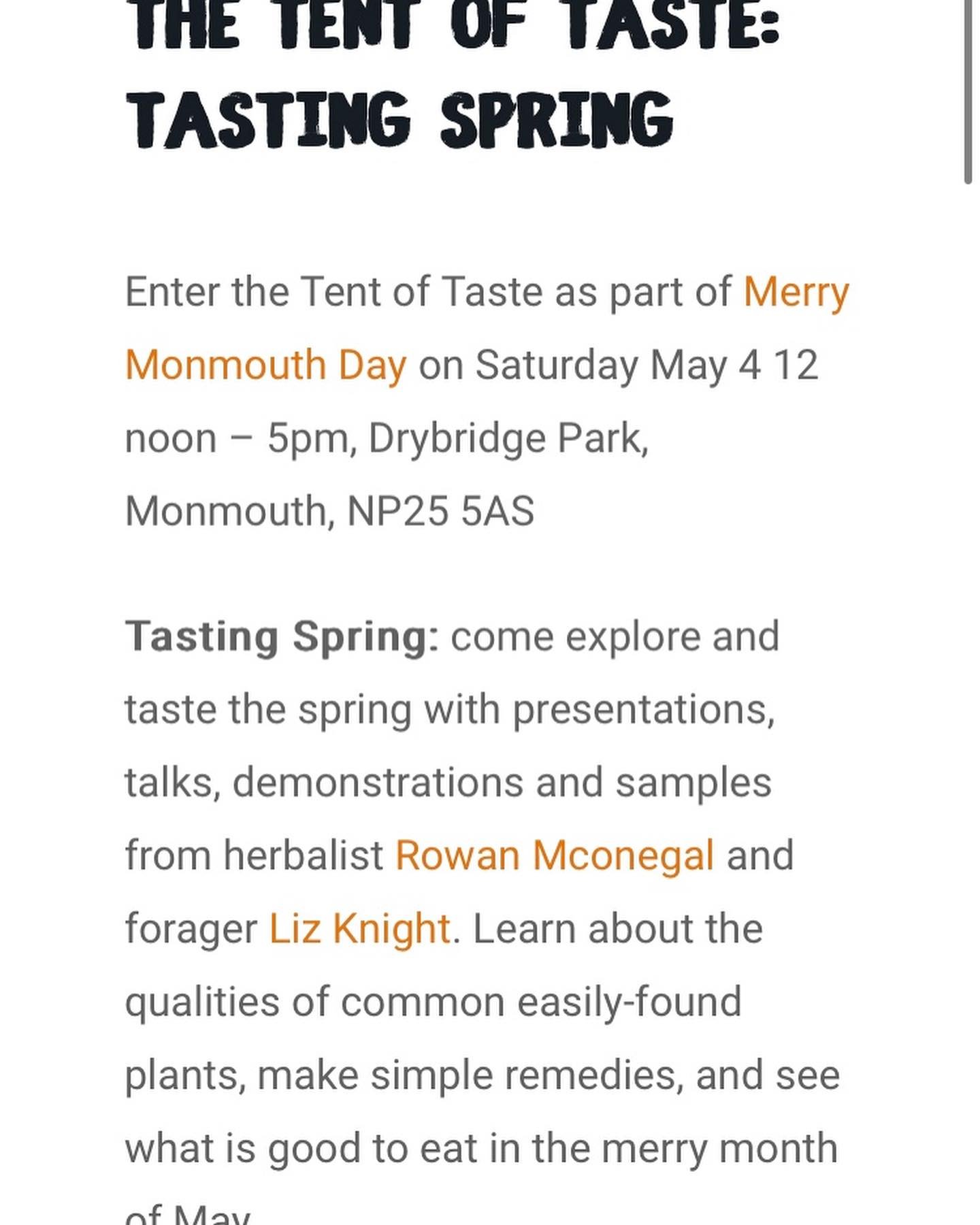 Come and taste spring at the tent if taste at the Wye Valley River Festival in Monmouth on Saturday May 4th. I&rsquo;ll be with sister plantaholic Liz Knight - come and spend some time with us and lots of delicious plants #standupforherbs #indigenous