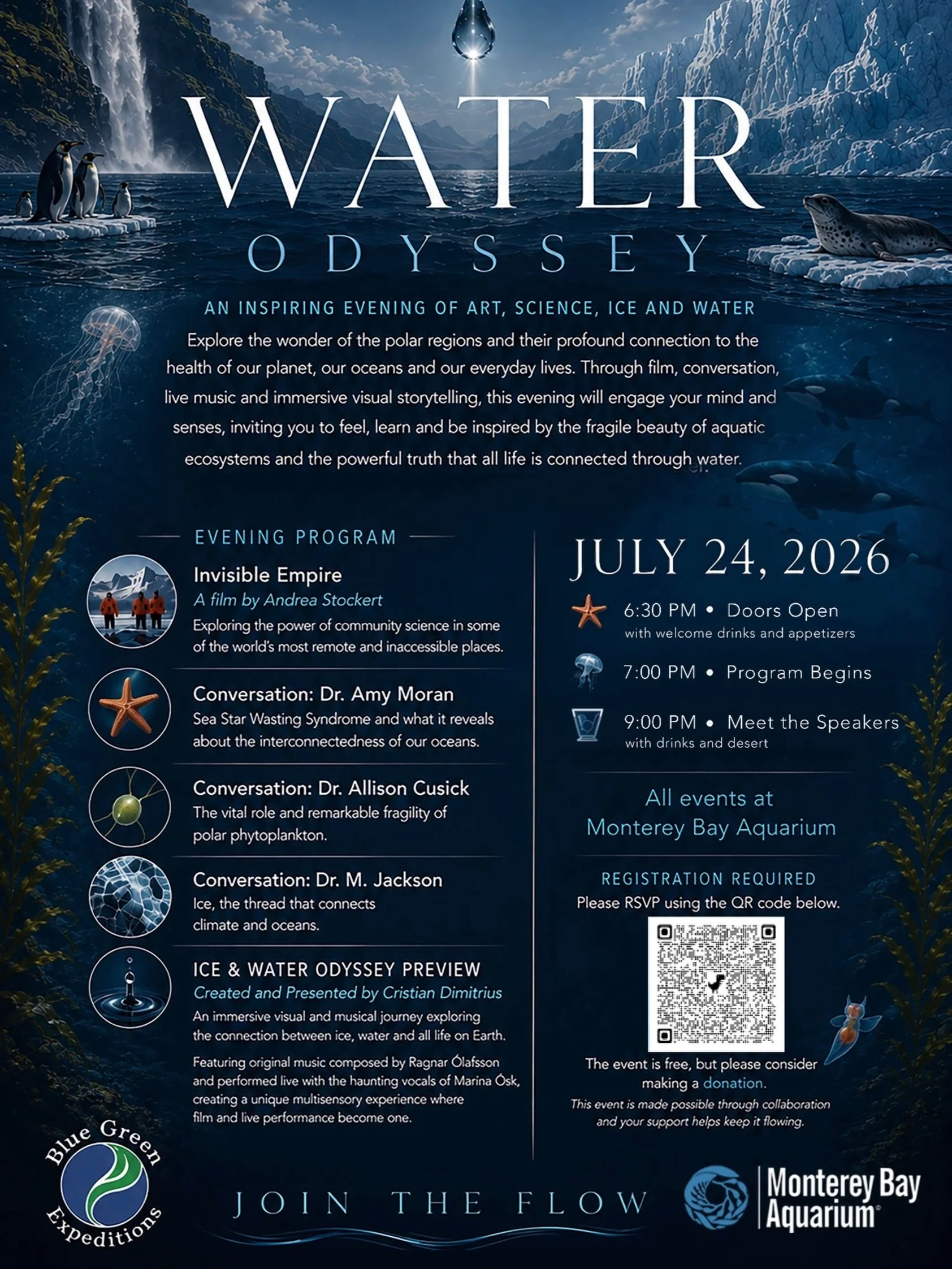 Join me on July 24th at the Monterey Bay Aquarium for an evening of art, science, film, and a whole lot more. Hosted jointly by @montereybayaquarium and @bluegreen_expeditions this event promises to be full of wonder&hellip; glaciers&hellip; and rumo