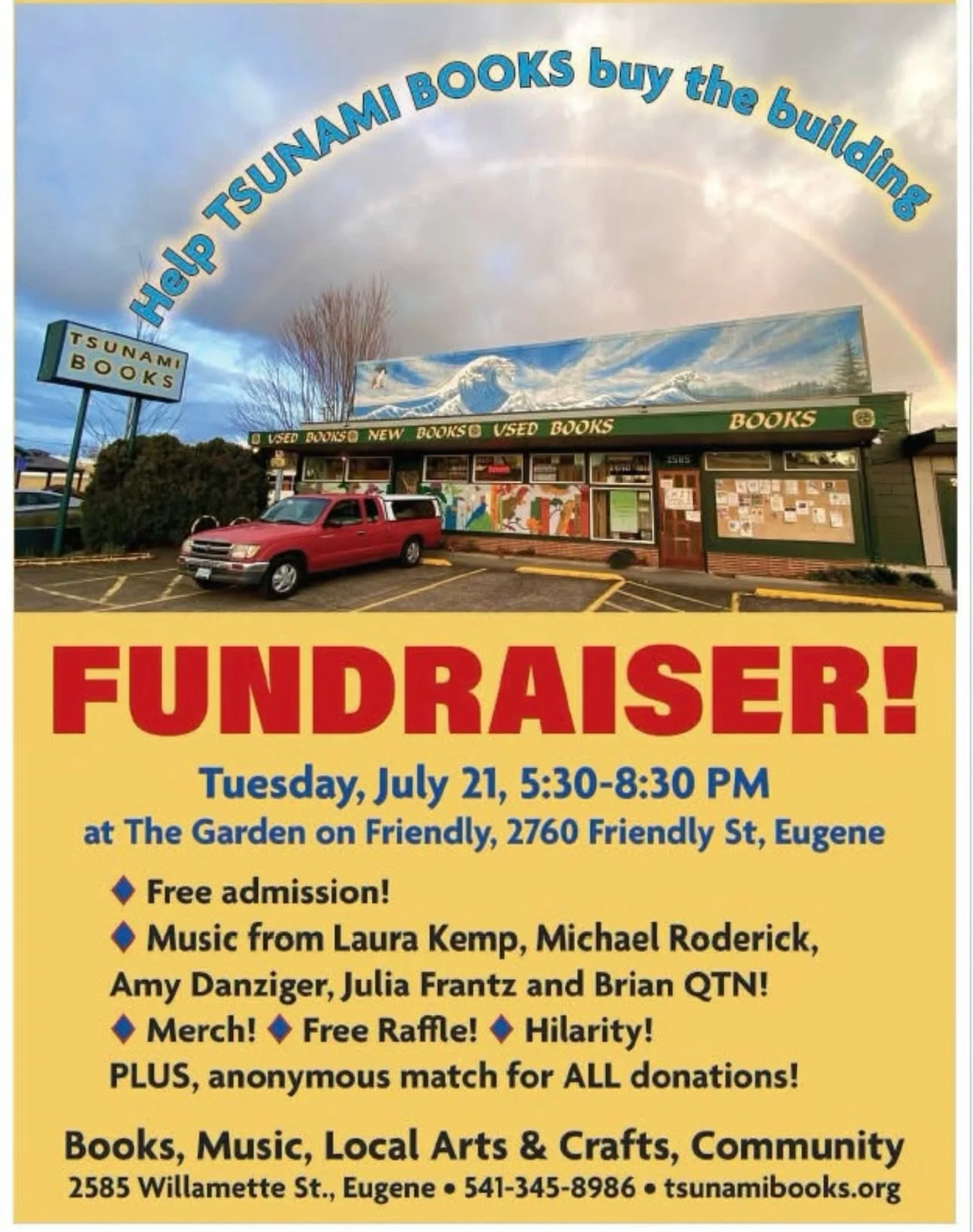 Time to fulfill your life long dream of buying ALL my books while also doing good in this world. My favorite bookshop, @tsunamibooks is holding a fundraiser tomorrow July 21 in Eugene at Friendly Gardens 5:30-8:30. I&rsquo;ll be there, and any books 