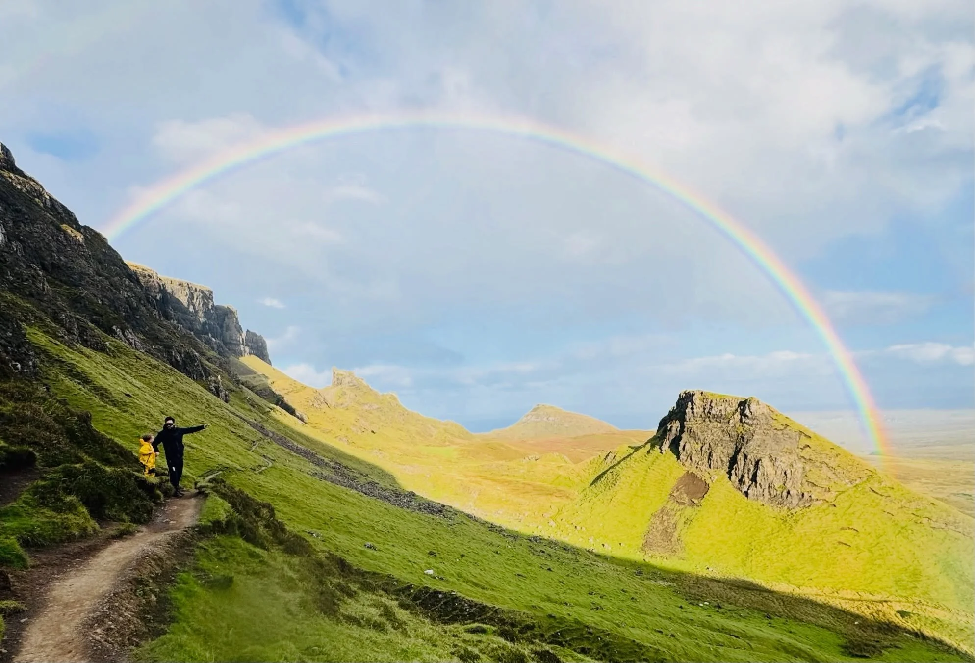The Quiraing. Isle of Skye. Weak shale eroding under layers of thick heavy basalt, plus massive glacial erosion, plus massive ongoing landslip, plus sheep, plus weather&mdash; ach now, this is how the math adds up to WOW. And, rainbows. 
.
.
.
#quira