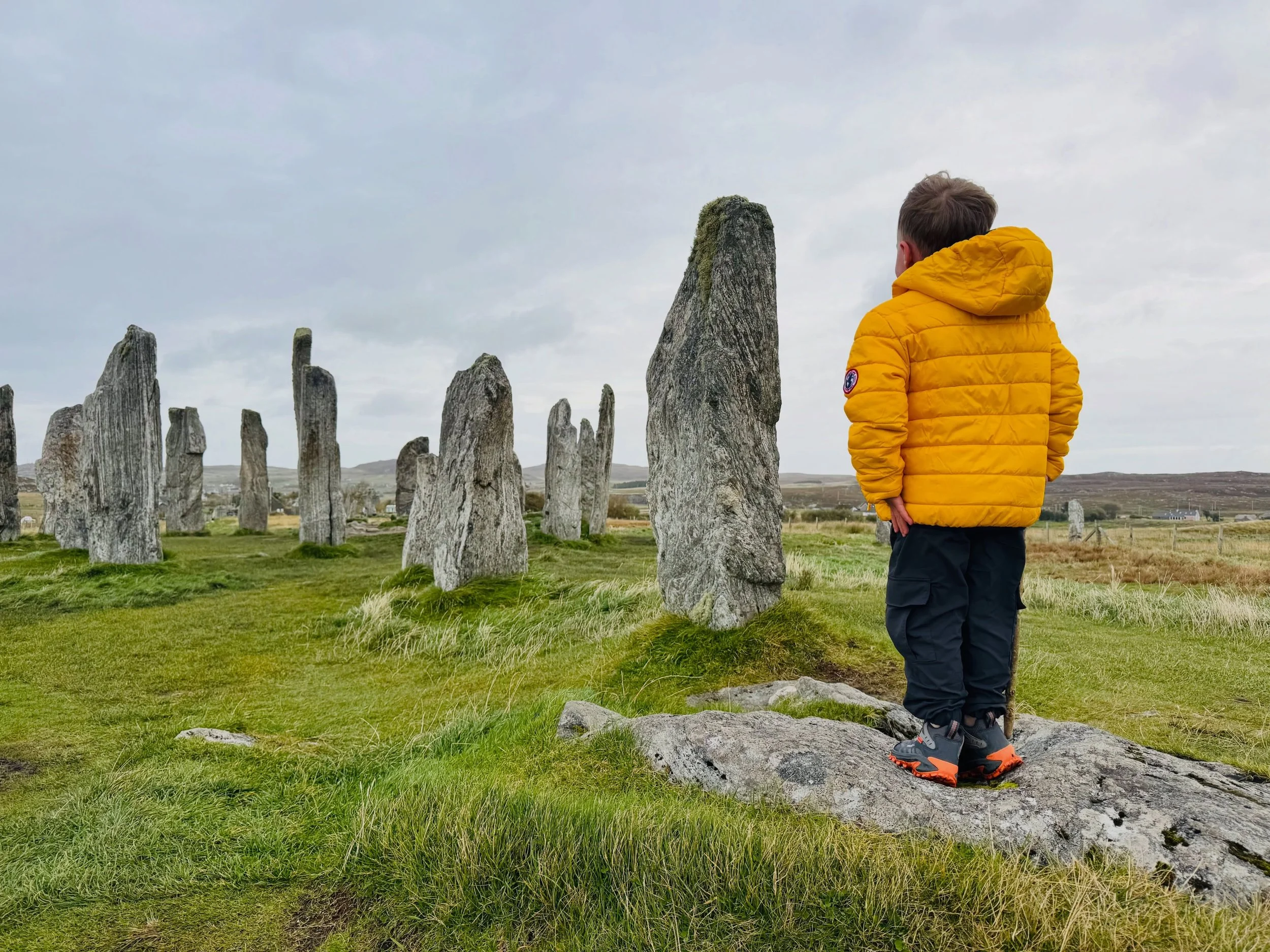 We went to the Calanais Standing Stones on Lewis, the Outer Hebrides. The stones (Lewisian gneiss, estimated to be 1-3 billion years old), were set in place around 2750 BC. Why? We don&rsquo;t know. But my son was so agog he decided to become a stand