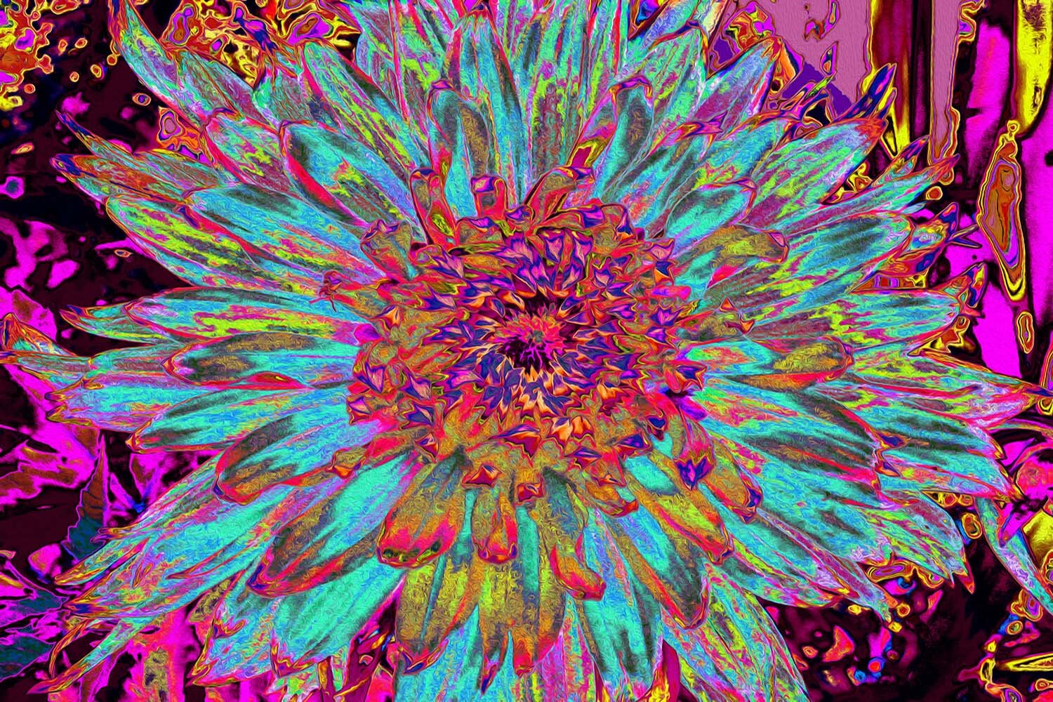 Psychedelic Teal Blue Abstract Decorative Dahlia