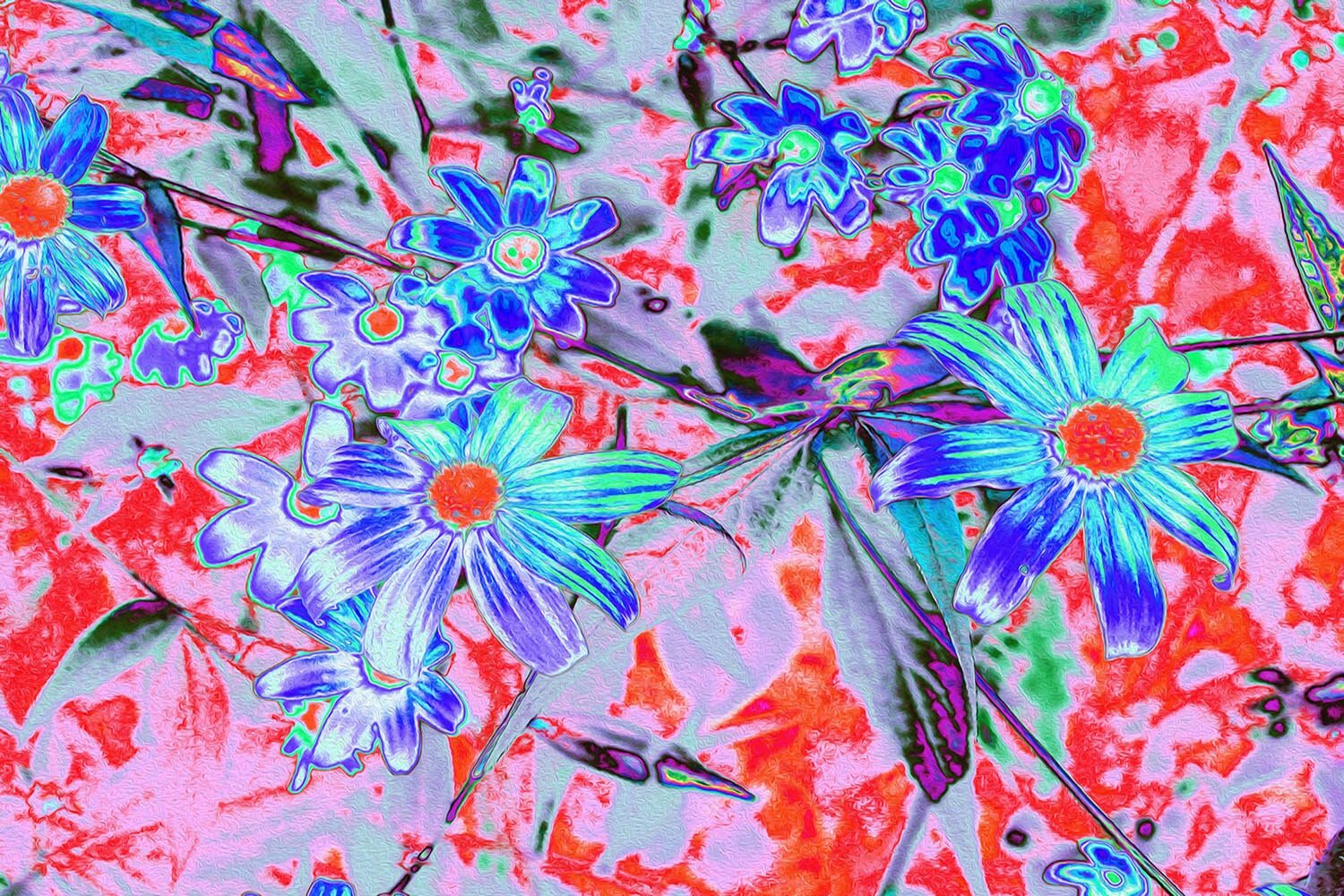 Retro Psychedelic Aqua and Orange Flowers