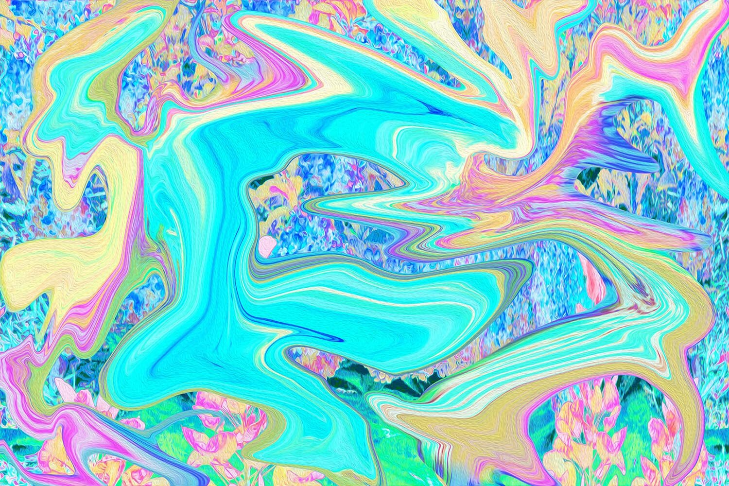 Retro Aqua Blue Liquid Art on Abstract Hydrangeas