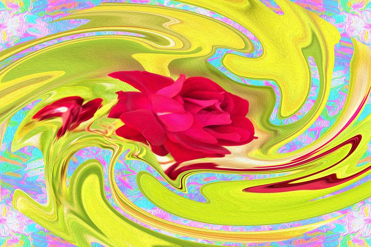Abstract Red Rose on Yellow and Aqua Swirl