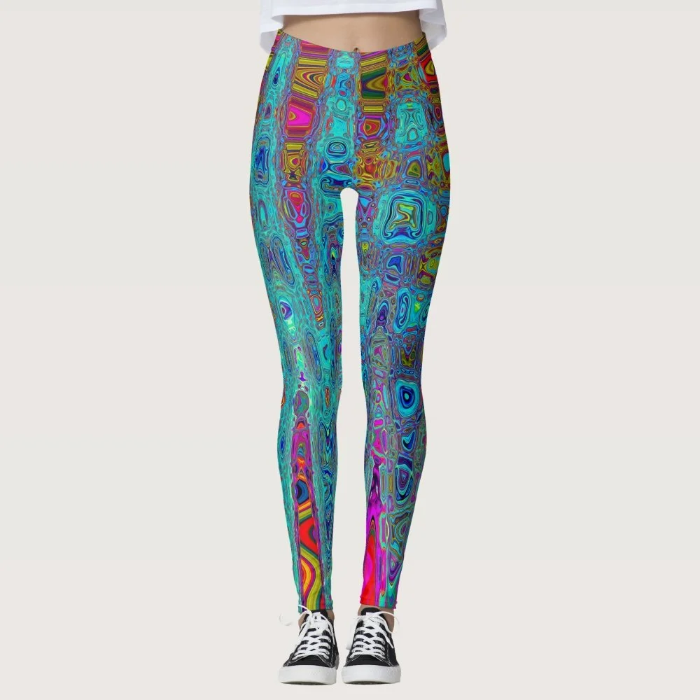 Trippy Sky Blue Abstract Retro Atomic Waves Leggings