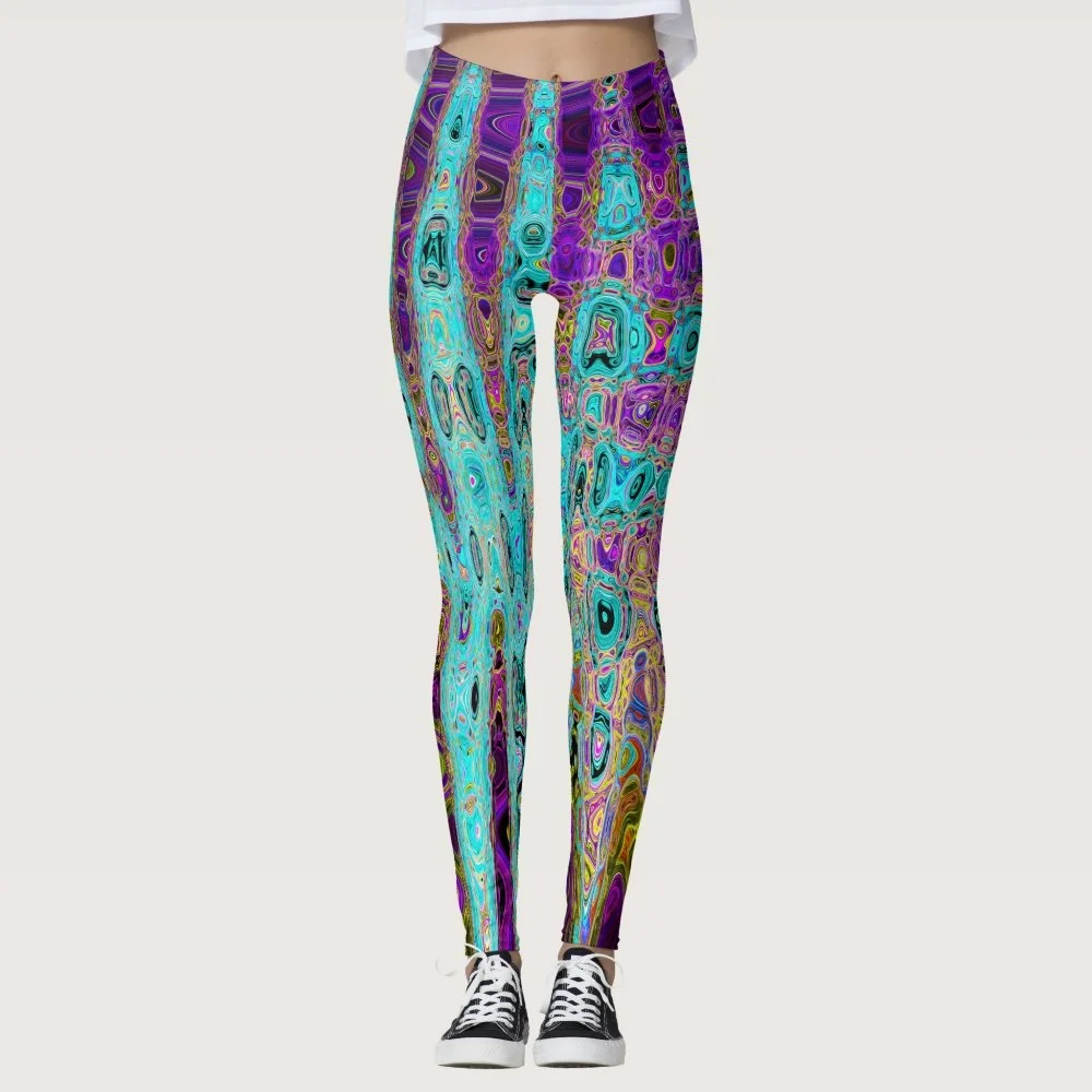 Icy Aqua Blue Groovy Abstract Retro Atomic Waves Leggings