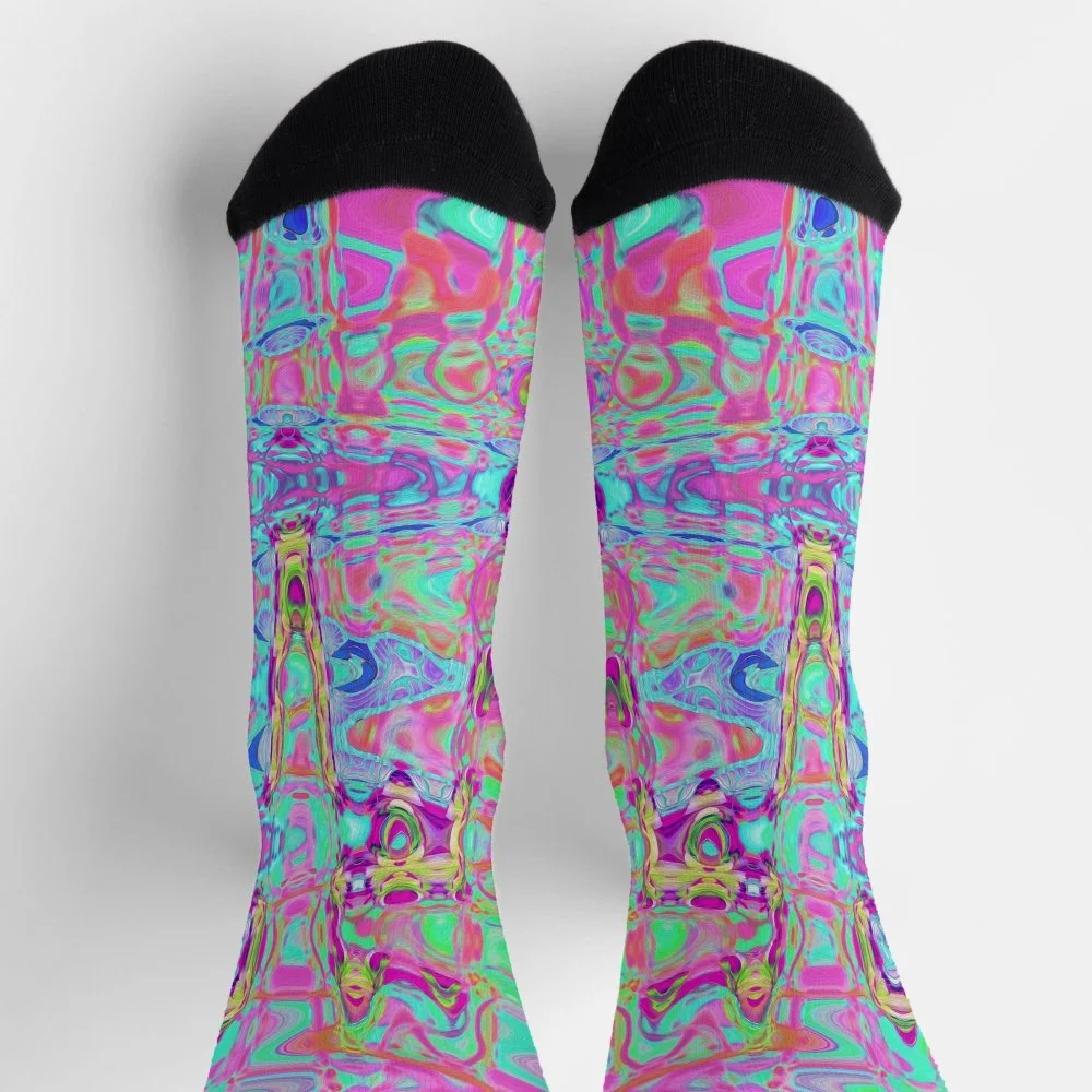 Cosmic Abstract Aqua and Hot Pink Retro Ripples Socks