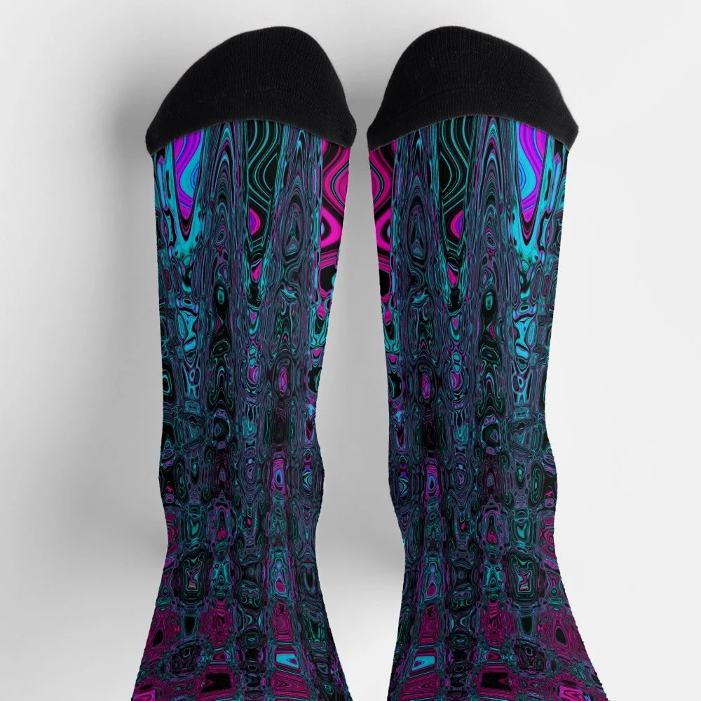 Retro Aqua Magenta and Black Abstract Waves Socks