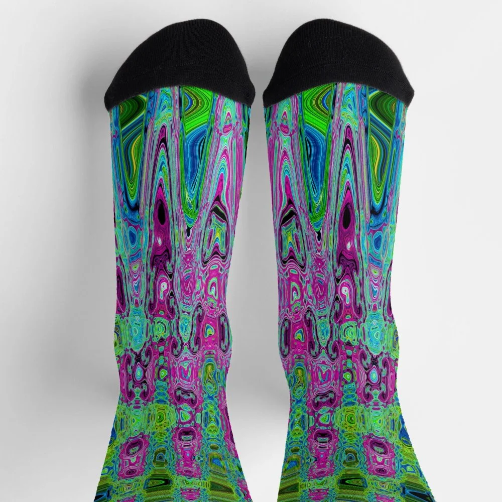 Hot Pink and Blue Groovy Abstract Retro Waves Socks