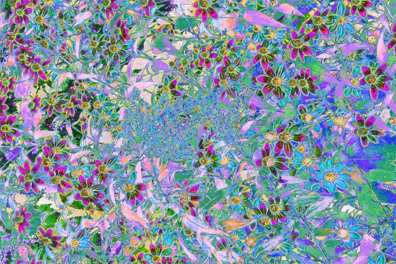 Retro Purple, Green and Blue Wildflowers on Pink