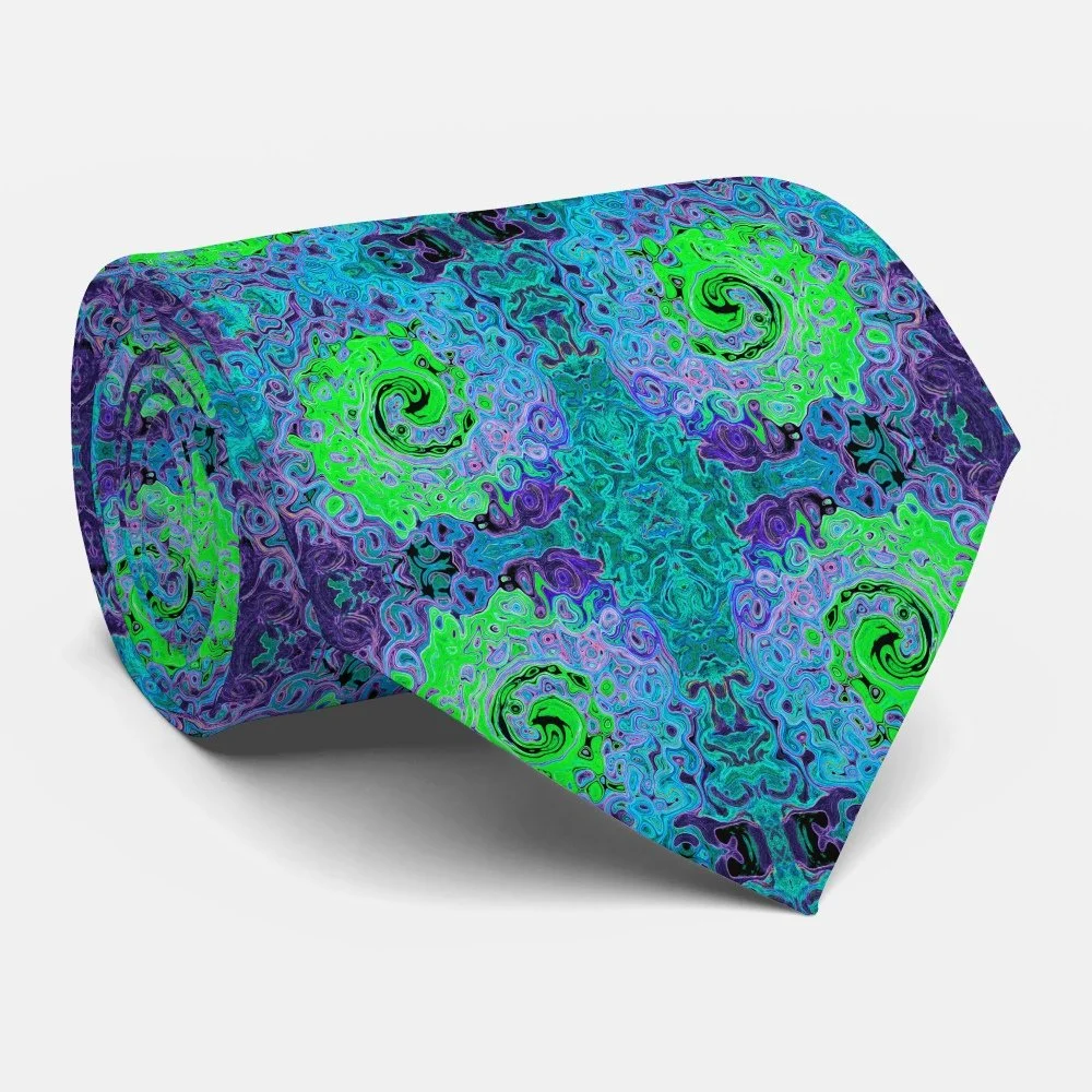Lime Green Groovy Abstract Retro Liquid Swirl Neck Tie