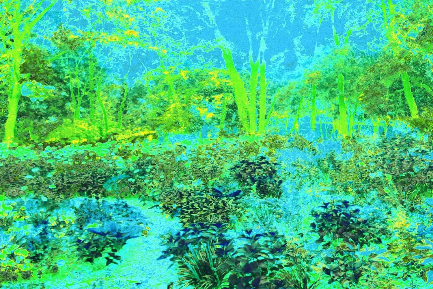 Trippy Lime Green and Blue Impressionistic Landscape