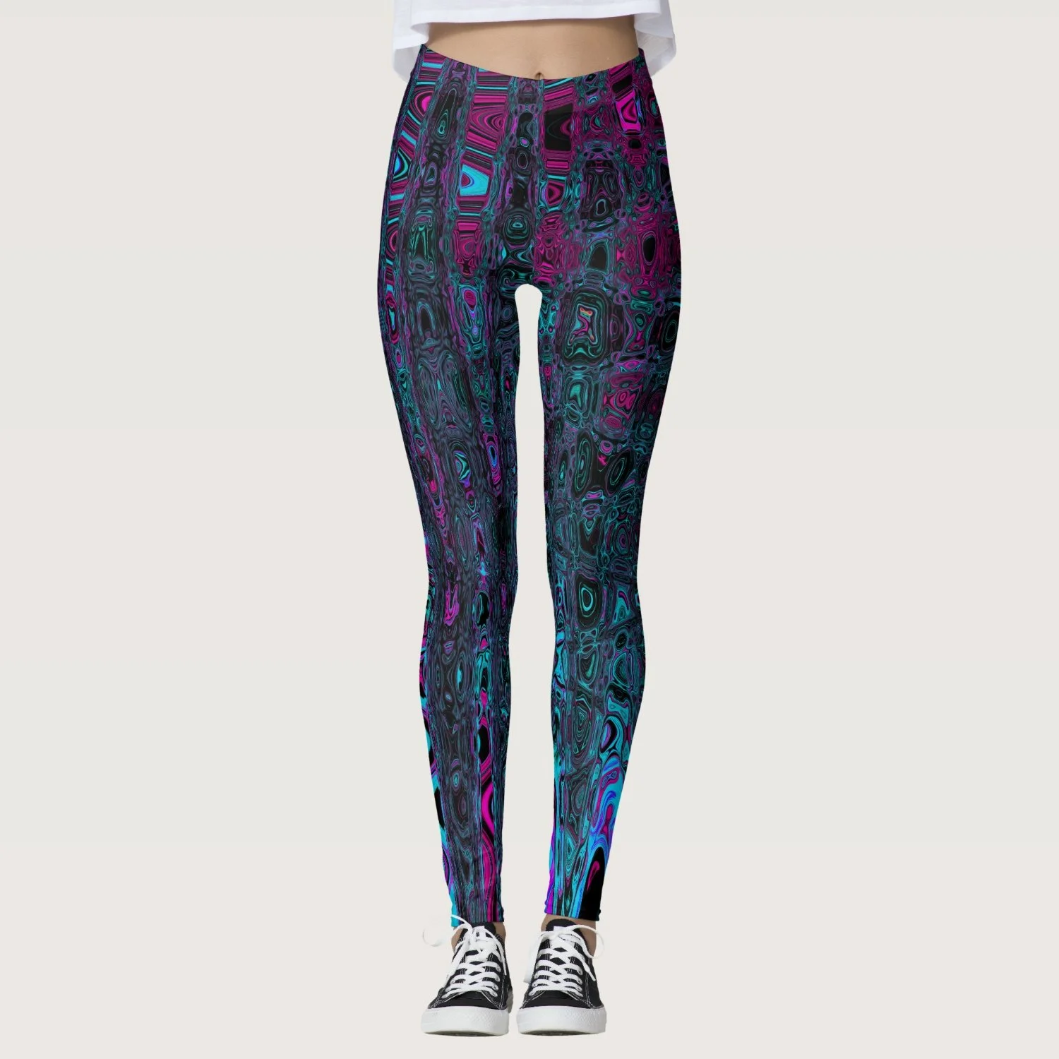 Retro Aqua Magenta and Black Abstract Waves Leggings