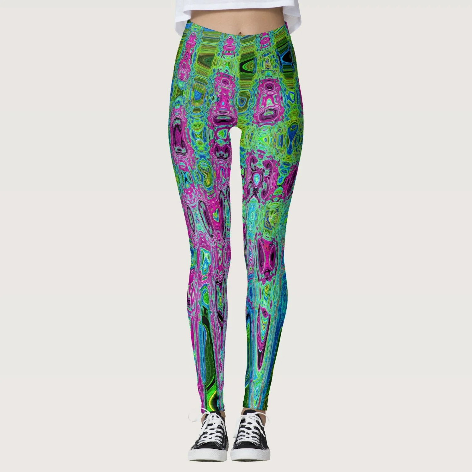 Hot Pink and Blue Groovy Abstract Retro Waves Leggings
