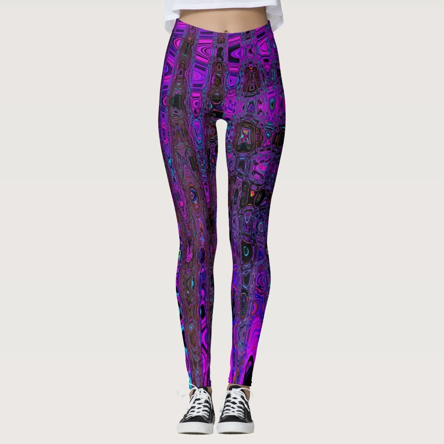 Trippy Purple and Black Retro Atomic Waves Leggings