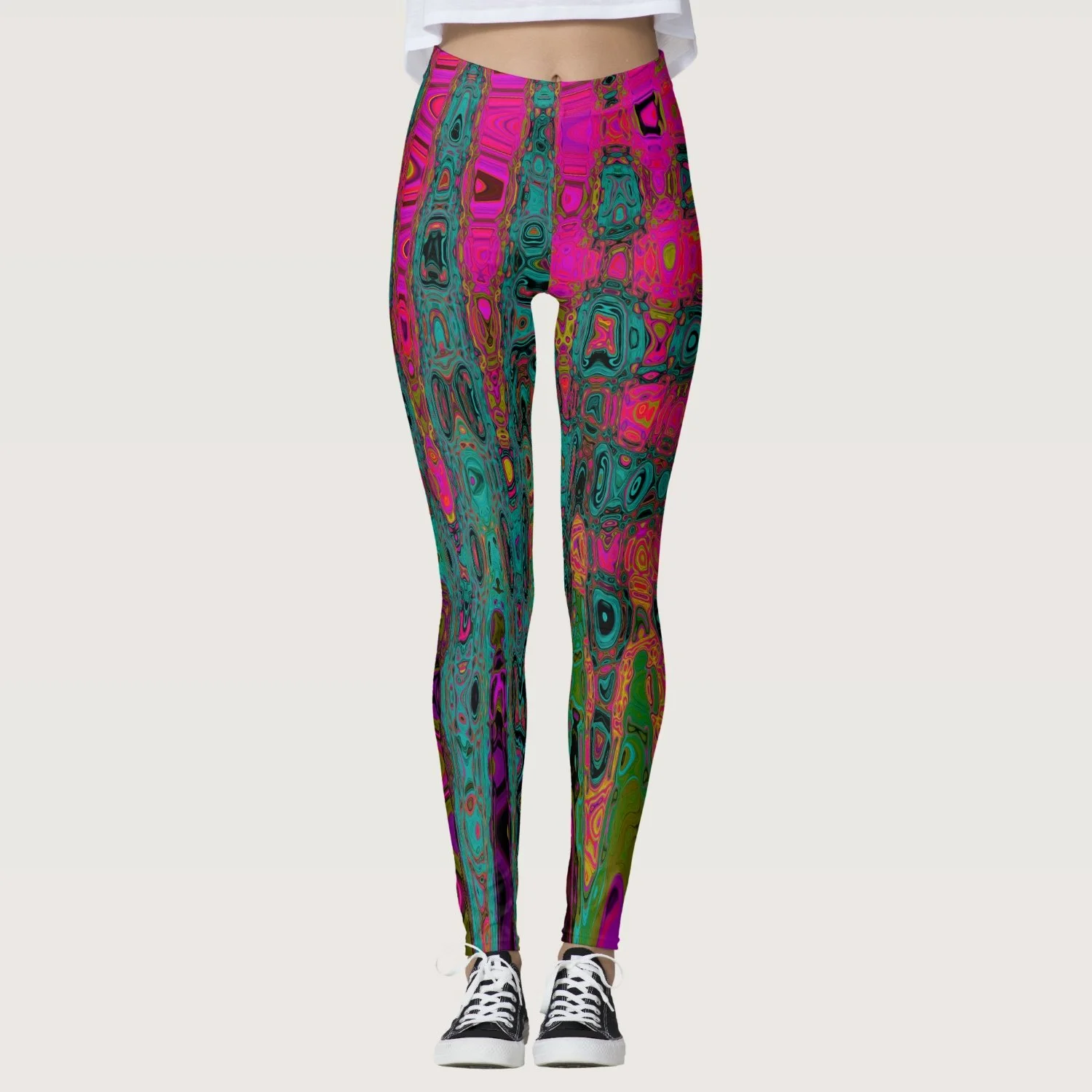 Trippy Turquoise Abstract Retro Atomic Waves Leggings