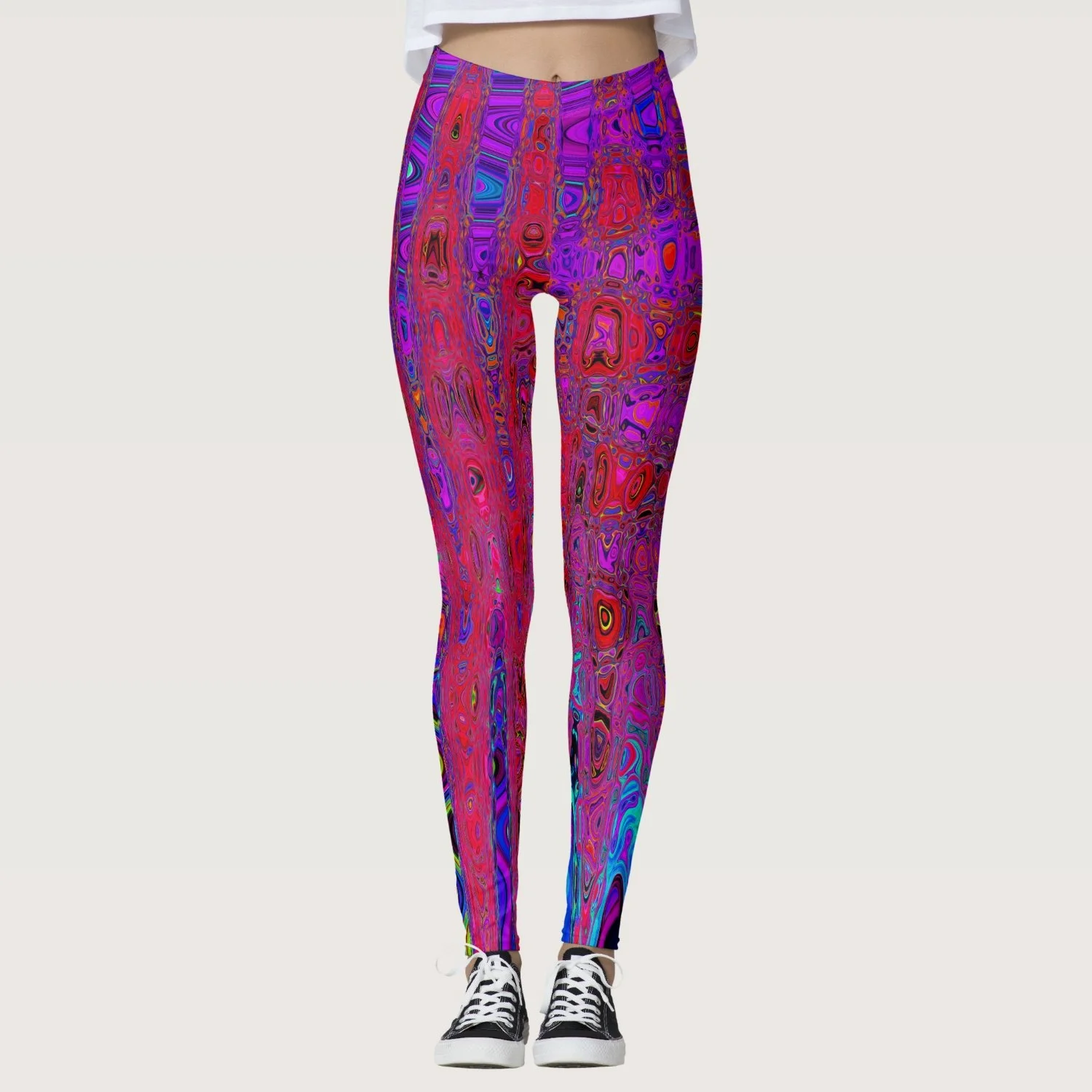 Trippy Red and Purple Abstract Retro Atomic Waves Leggings