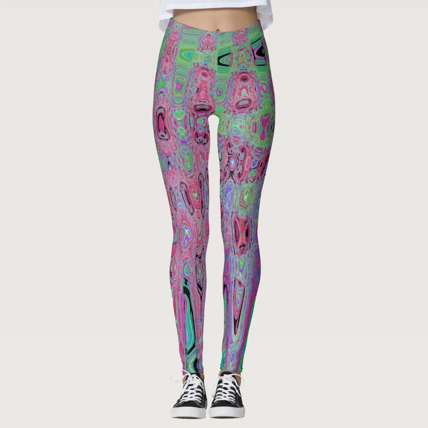 Pink and Lime Green Groovy Abstract Atomic Waves Leggings