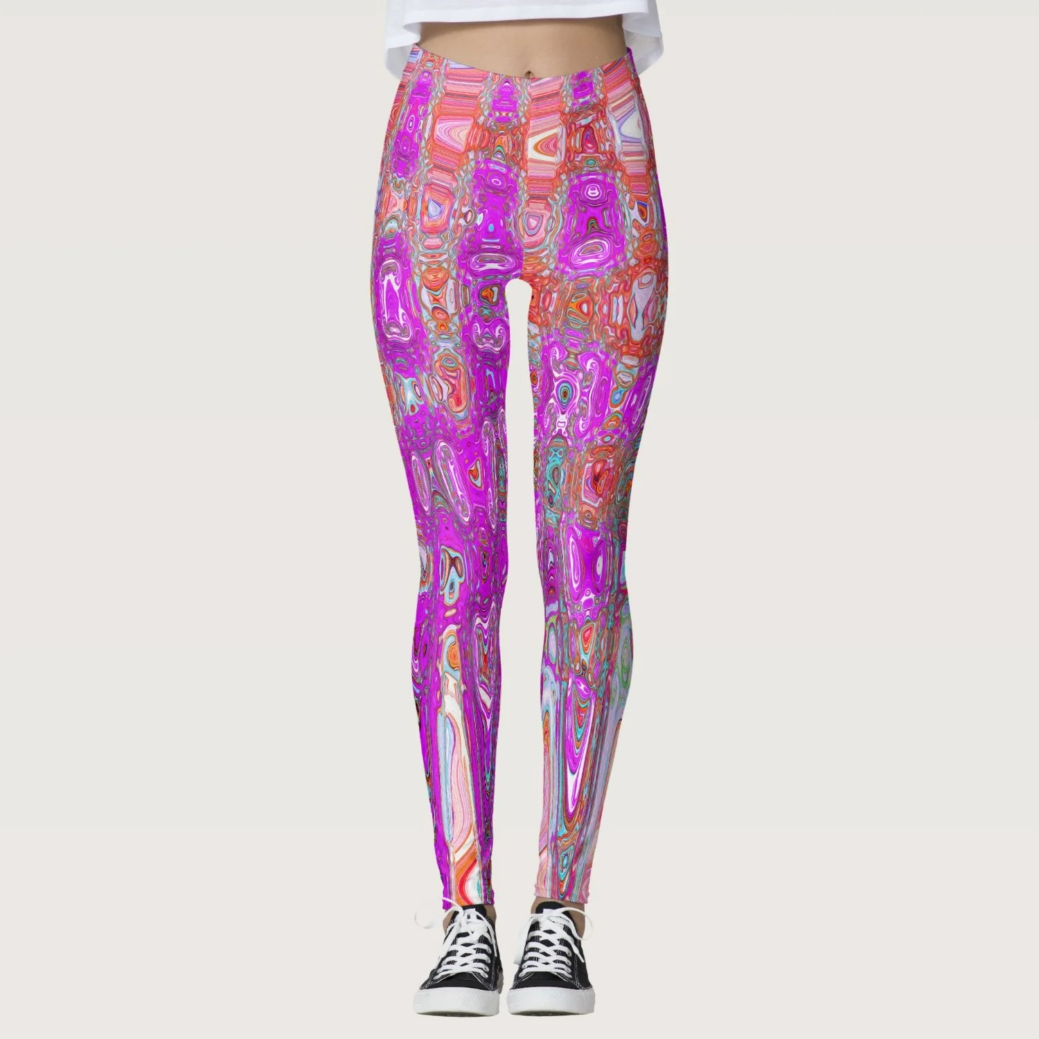 Purple and Orange Abstract Retro Atomic Waves Leggings