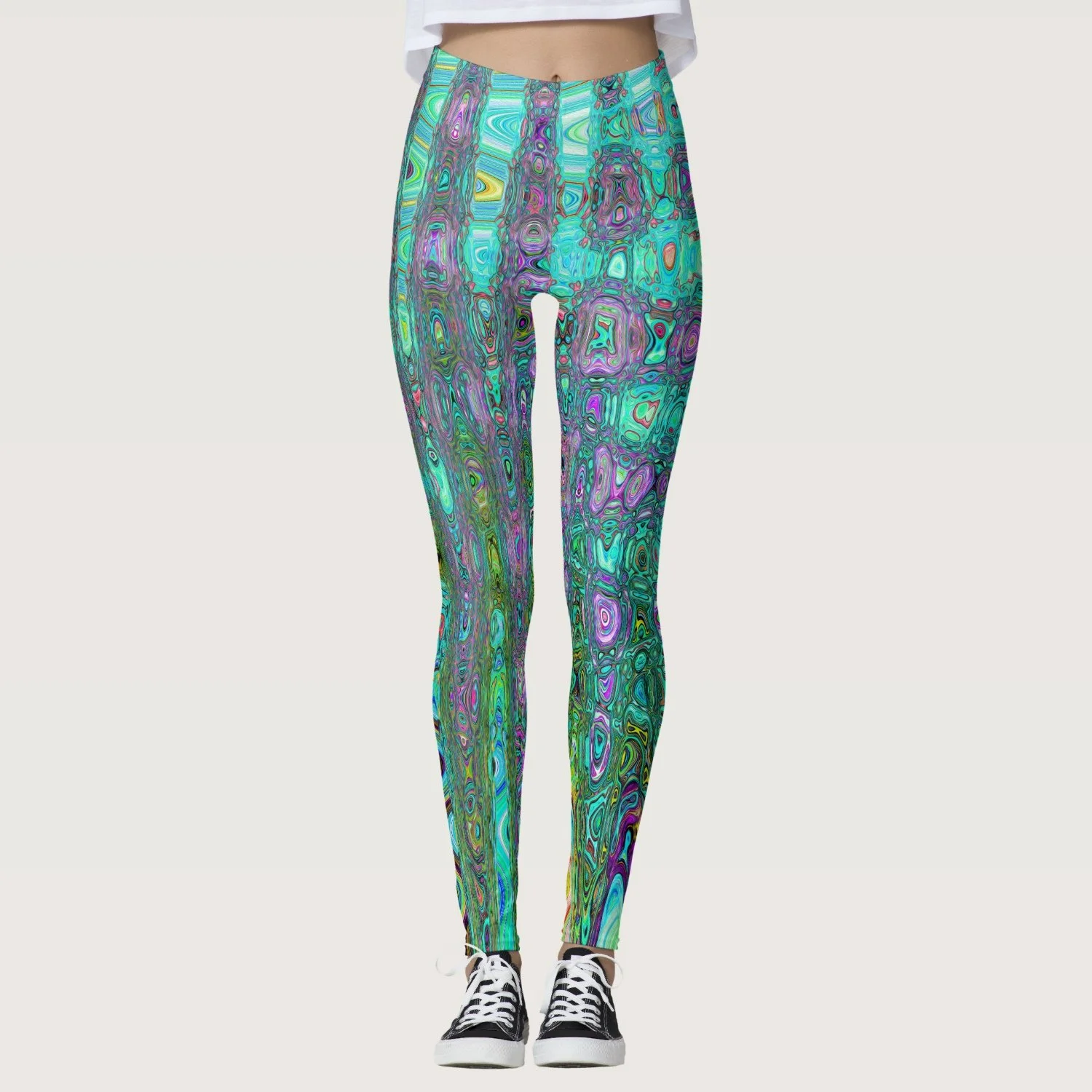 Aquamarine Groovy Abstract Retro Atomic Waves Leggings