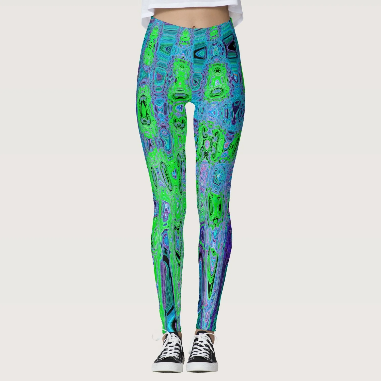 Lime Green Groovy Abstract Retro Atomic Waves Leggings