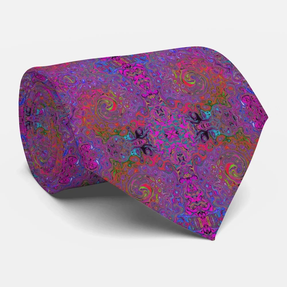 Psychedelic Groovy Magenta Retro Liquid Swirl Neck Tie