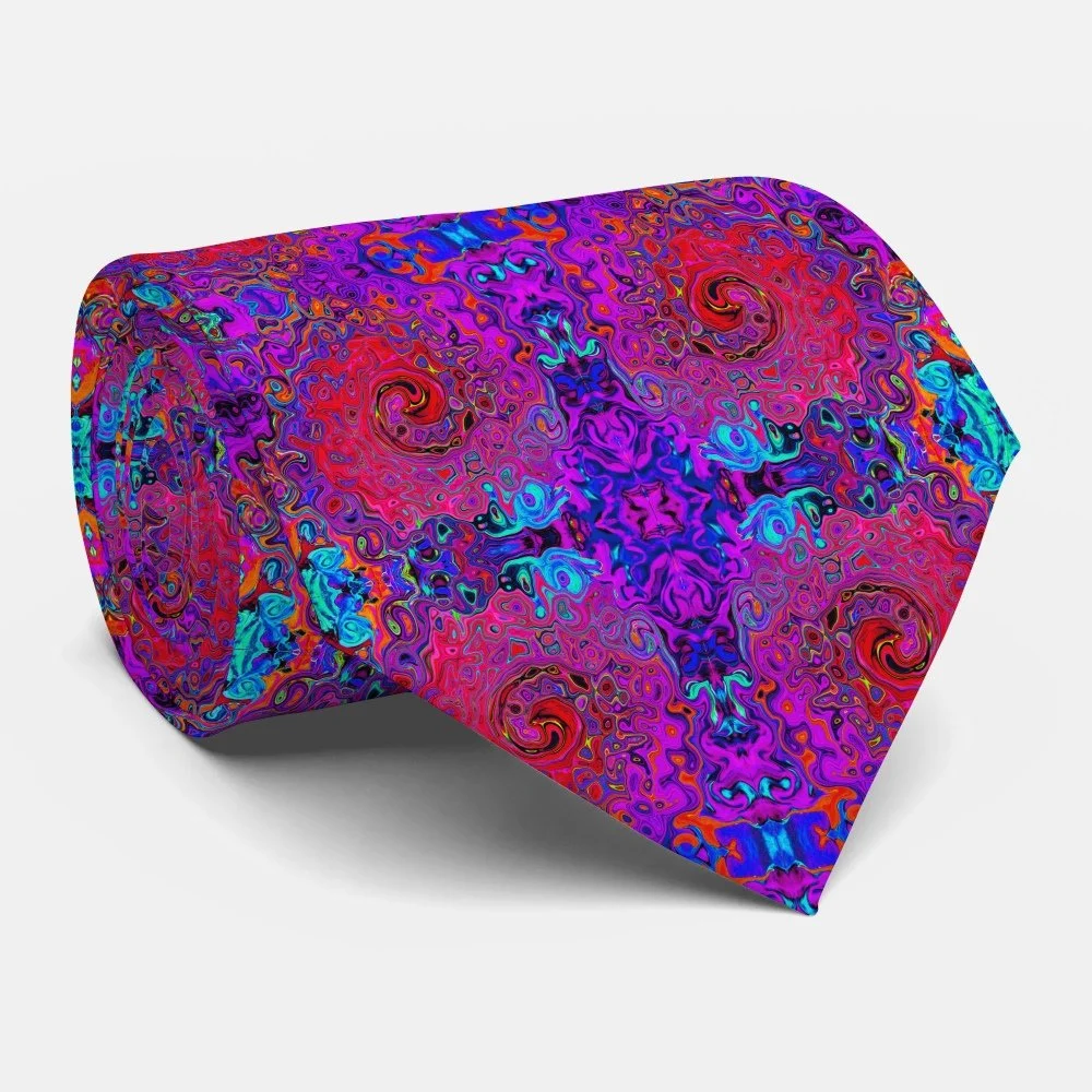Trippy Red and Purple Abstract Retro Liquid Swirl Neck Tie