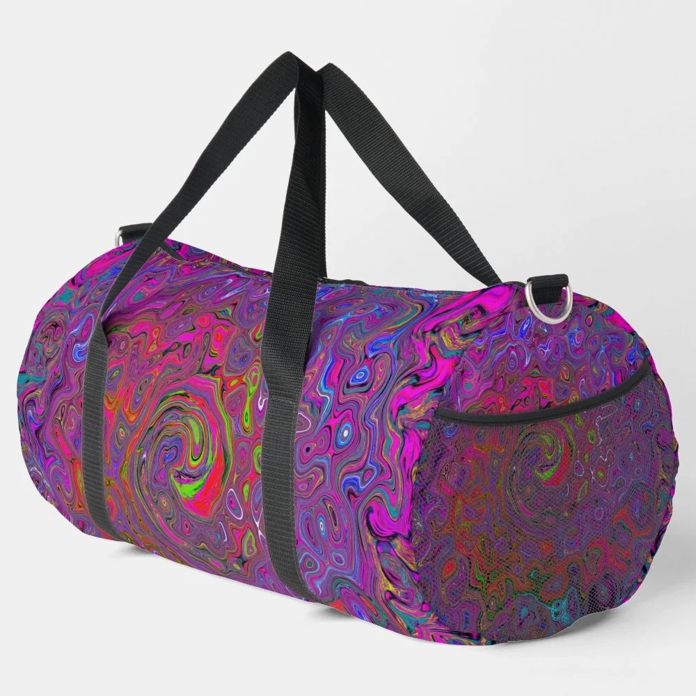 Psychedelic Groovy Magenta Retro Liquid Swirl Duffle Bag