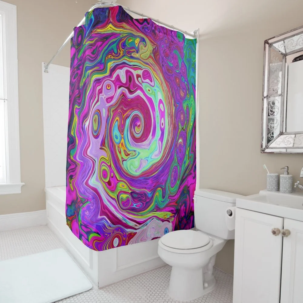 Groovy Abstract Retro Magenta Rainbow Swirl Shower Curtain