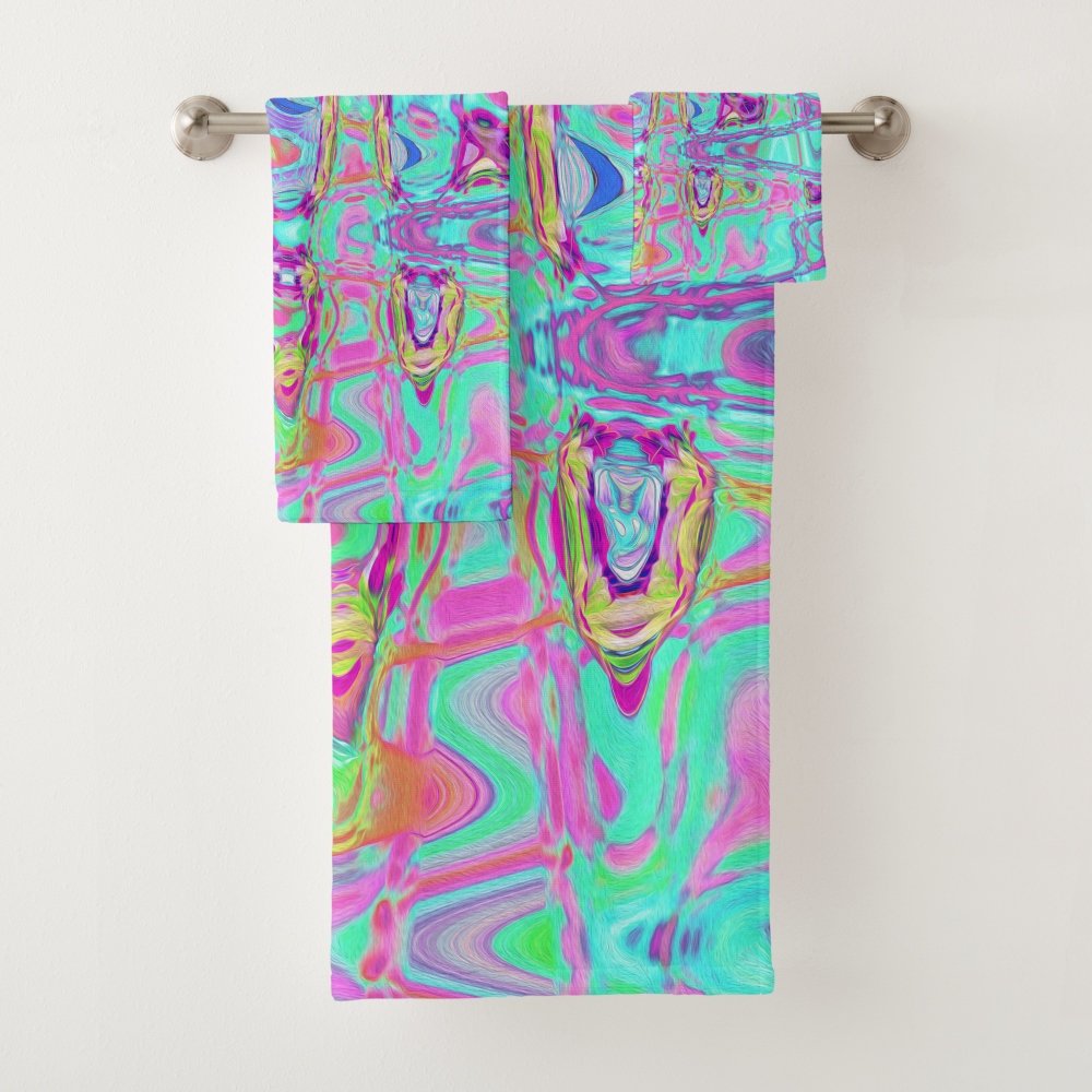 Cosmic Abstract Aqua and Hot Pink Retro Ripples Bath Towel Set