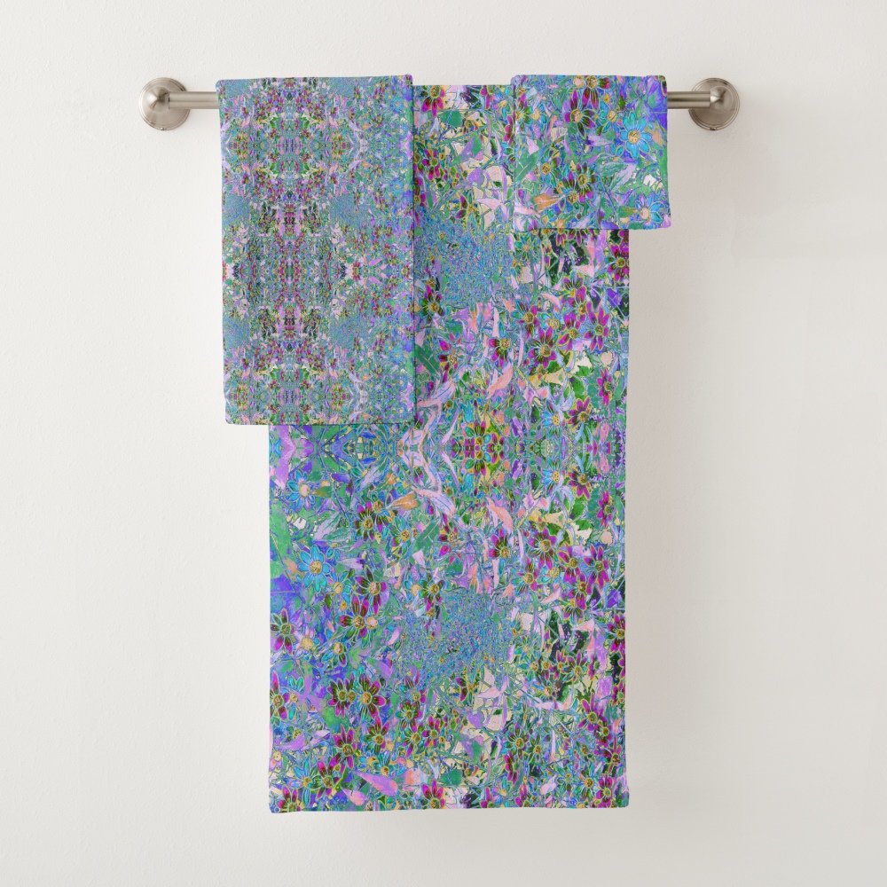 Retro Purple, Green and Blue Wildflowers on Pink Bath Towel Set