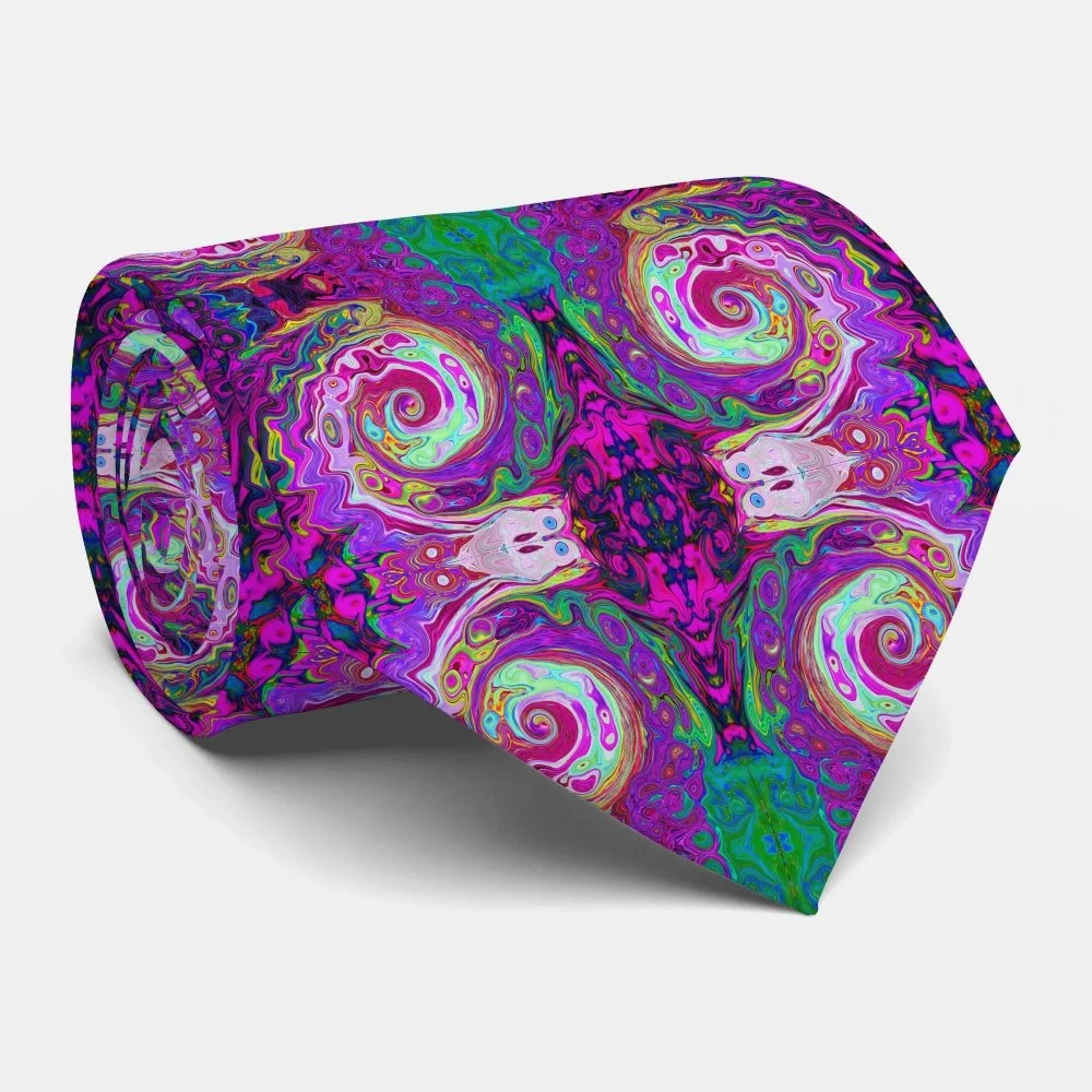 Groovy Abstract Retro Magenta Rainbow Swirl Neck Tie