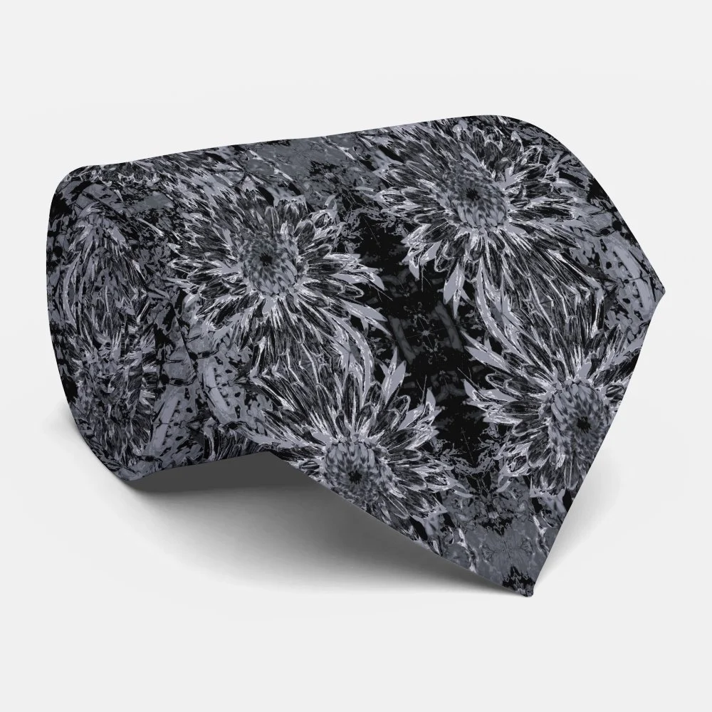 Black and Gray Dahlia Flower Neck Tie