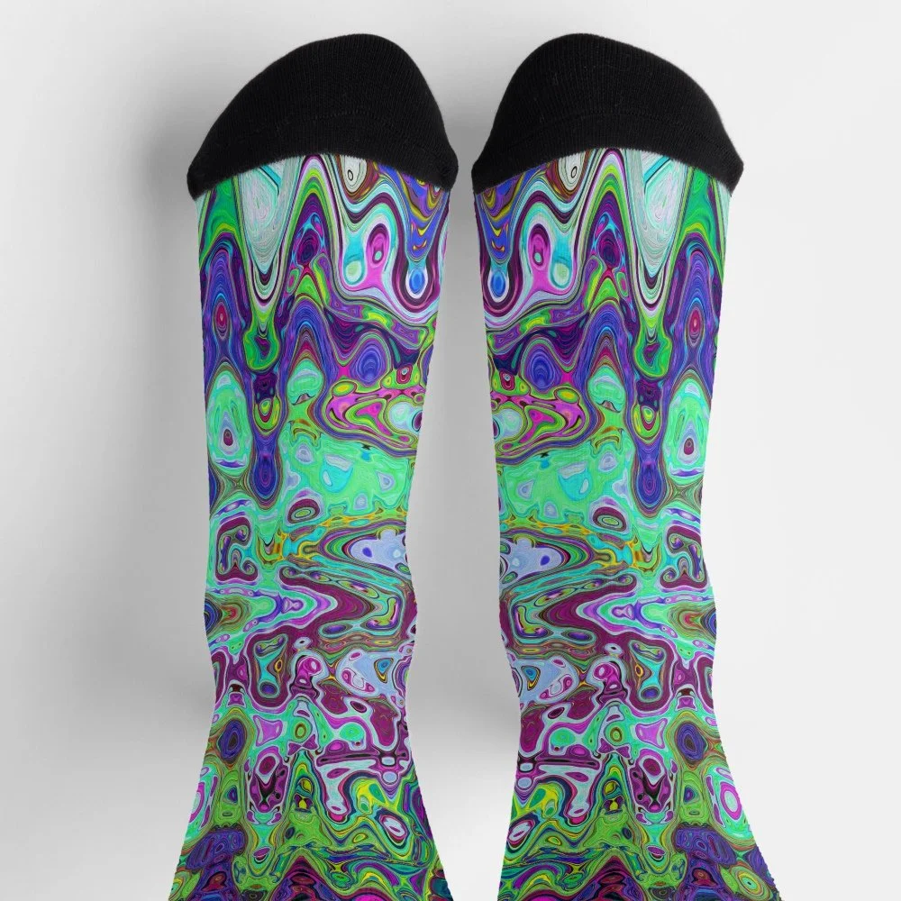 Abstract Green and Purple Wavy Mosaic Retro Socks