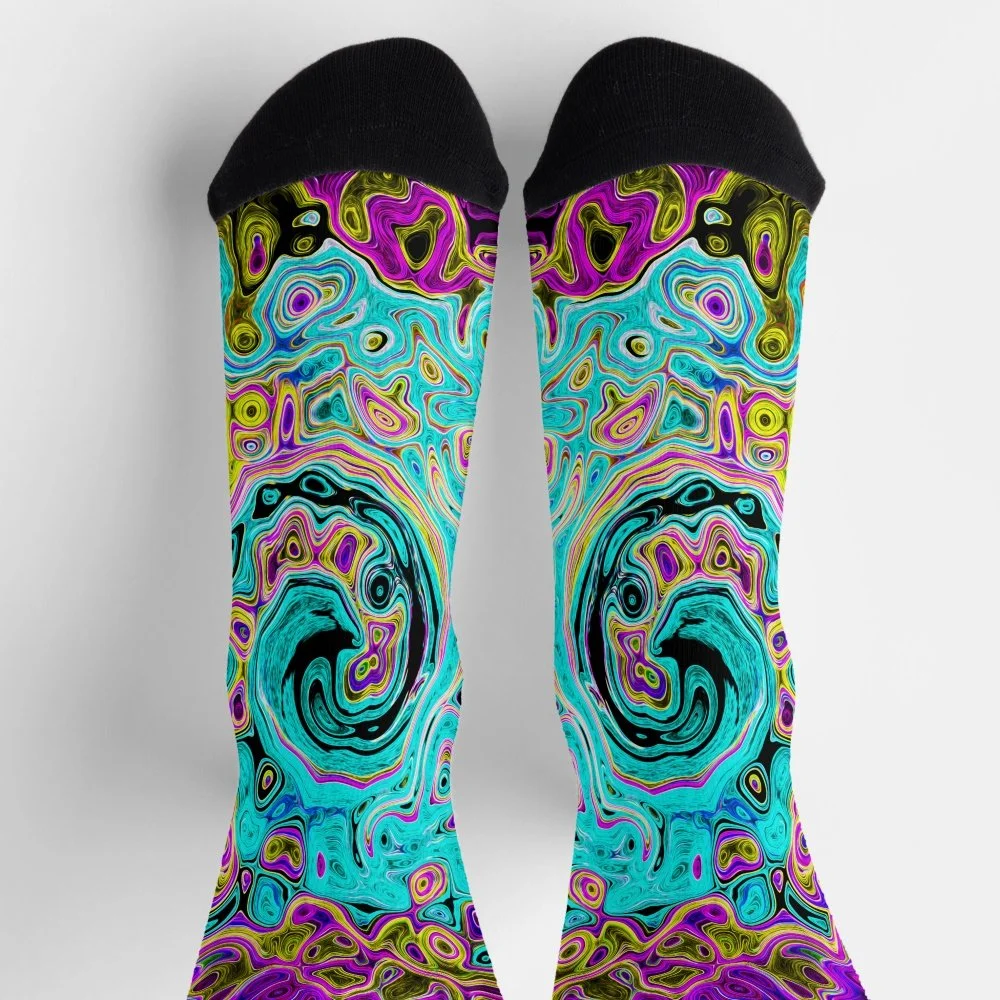 Icy Aqua Blue Groovy Abstract Retro Liquid Swirl Socks