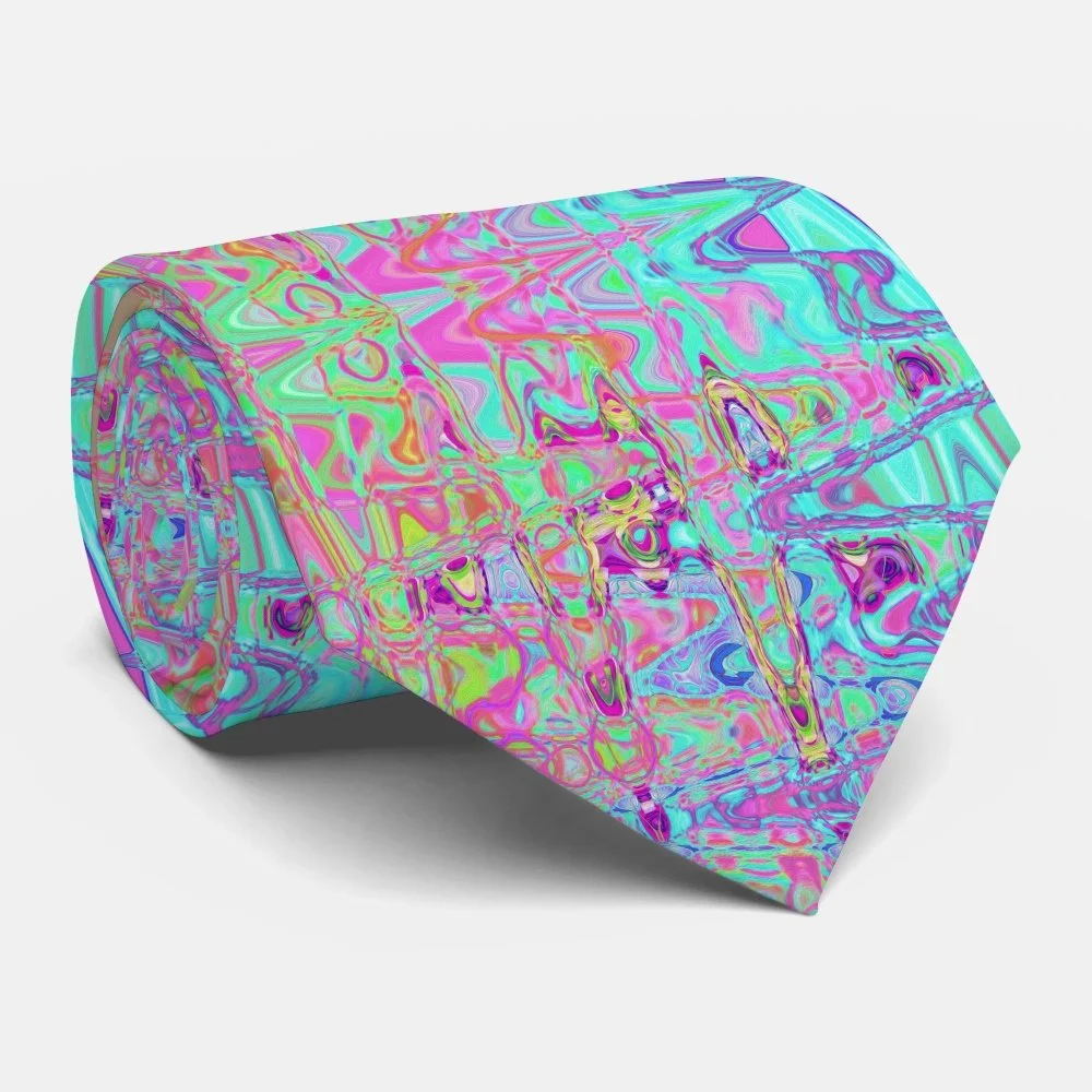 Cosmic Abstract Aqua and Hot Pink Retro Ripples Neck Tie
