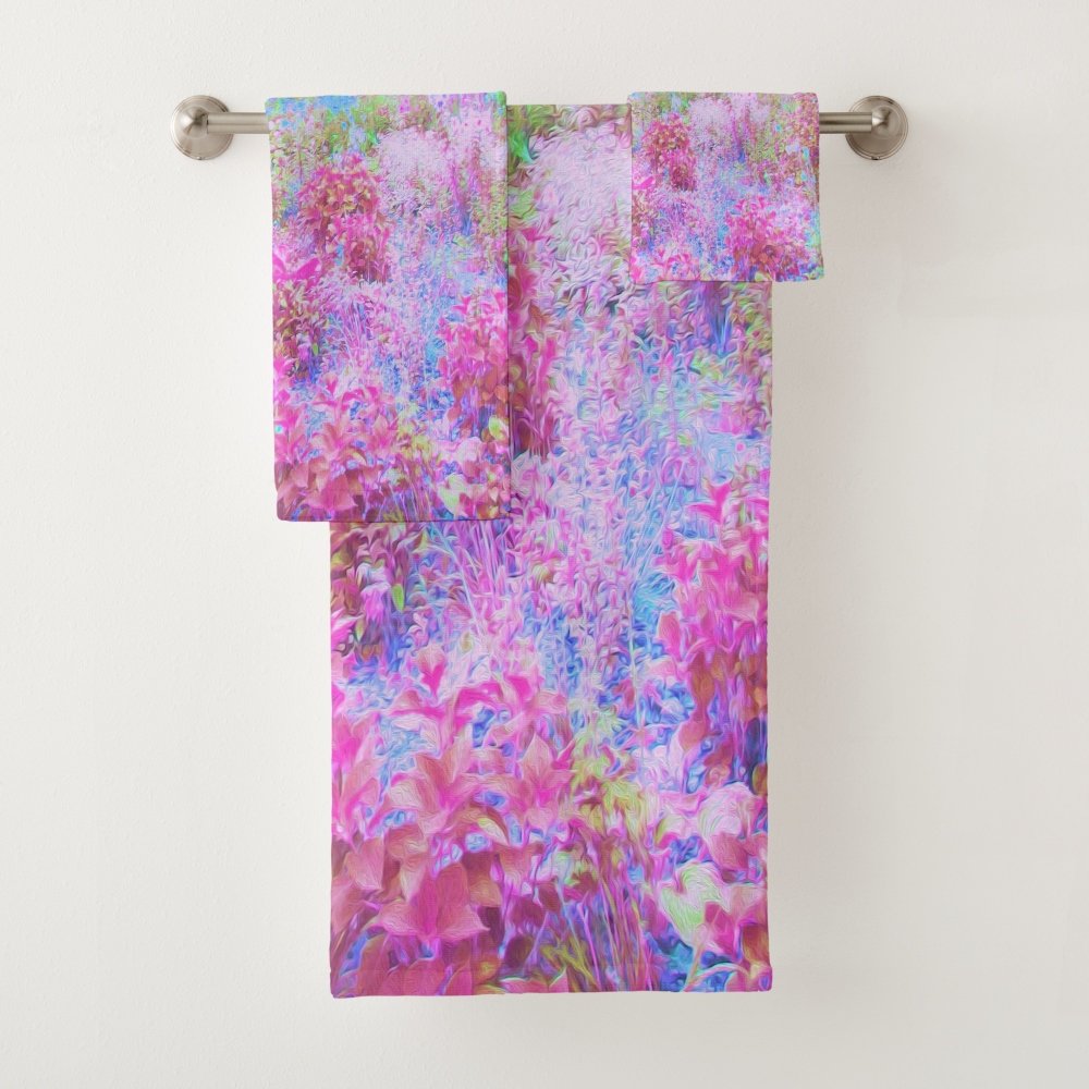 Impressionistic Pink and Turquoise Abstract Garden Bath Towel Set